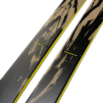 K2 Mindbender 96 skis, dark gray topsheet with yellow line and tan brush graphics