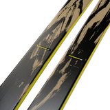 K2 Mindbender 96 skis, dark gray topsheet with yellow line and tan brush graphics