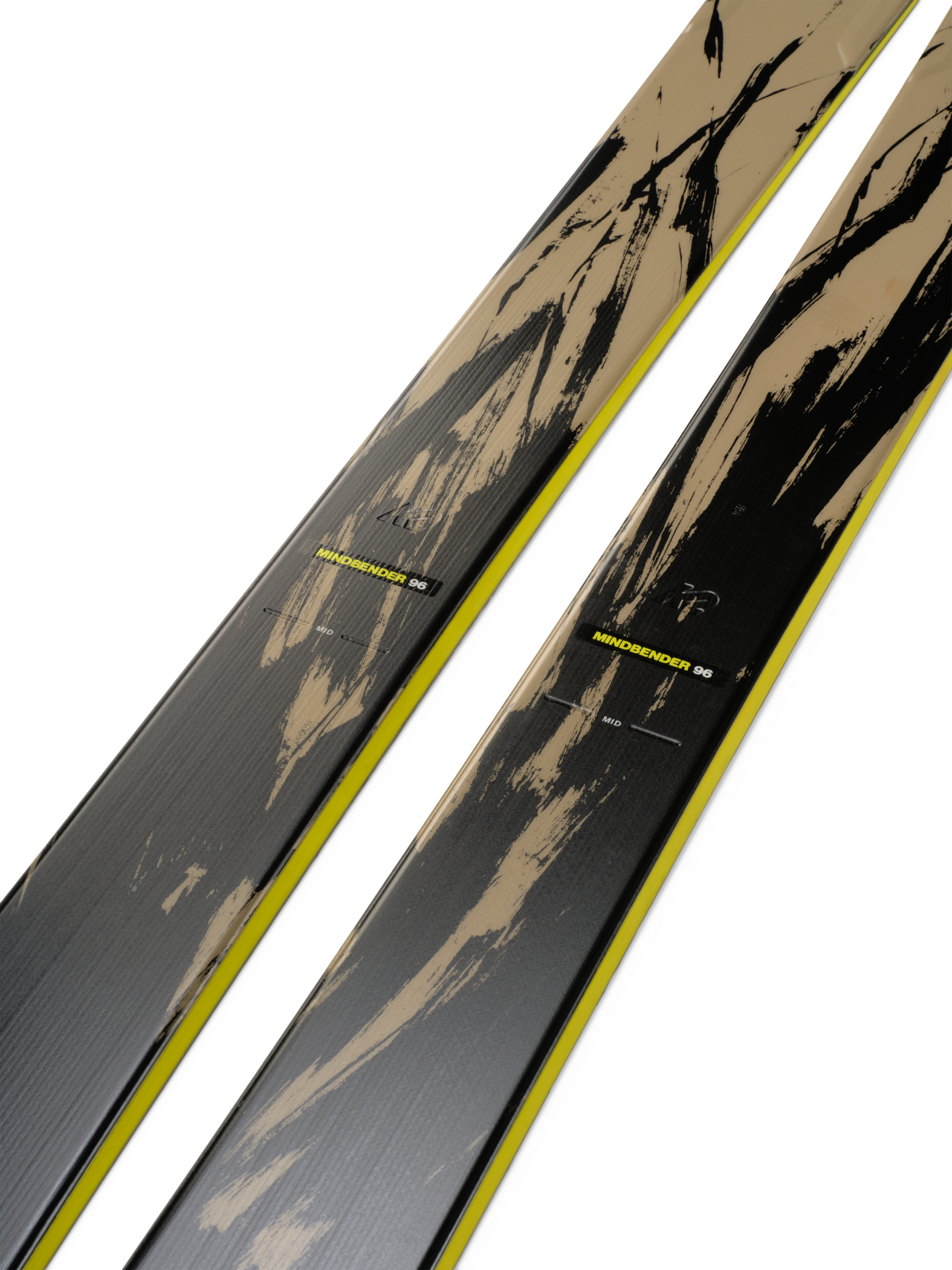 K2 Mindbender 96 skis, dark gray topsheet with yellow line and tan brush graphics