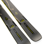K2 Mindbender 96 skis, dark gray with tan and black graphics, pair view