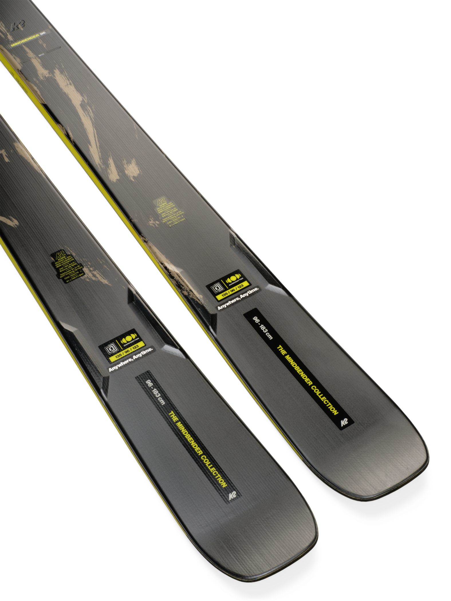 K2 Mindbender 96 skis, dark gray with tan and black graphics, pair view