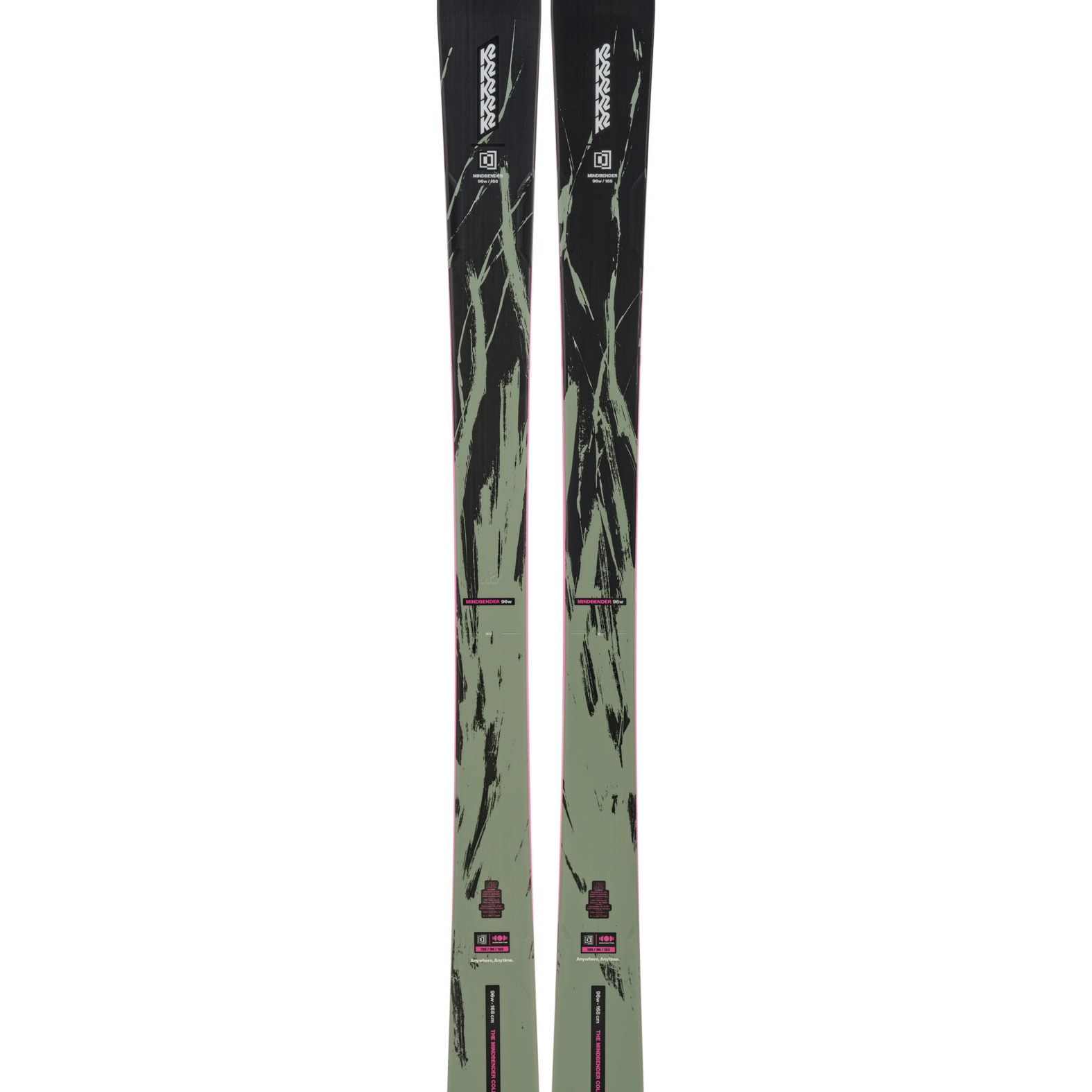 Pair of K2 Mindbender 96 skis, black/green camo with pink edges