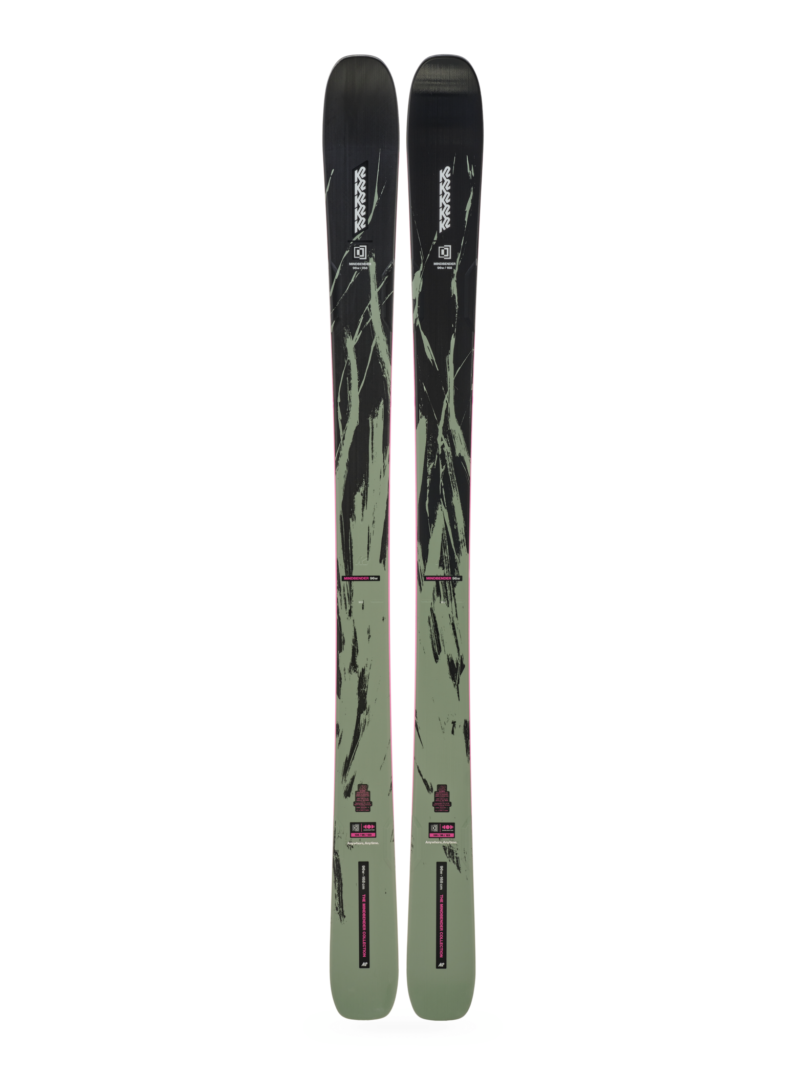 Pair of K2 Mindbender 96 skis, black/green camo with pink edges