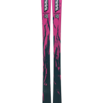 Pair of K2 Mindbender 96 skis, pink tops with black graphic and green highlights