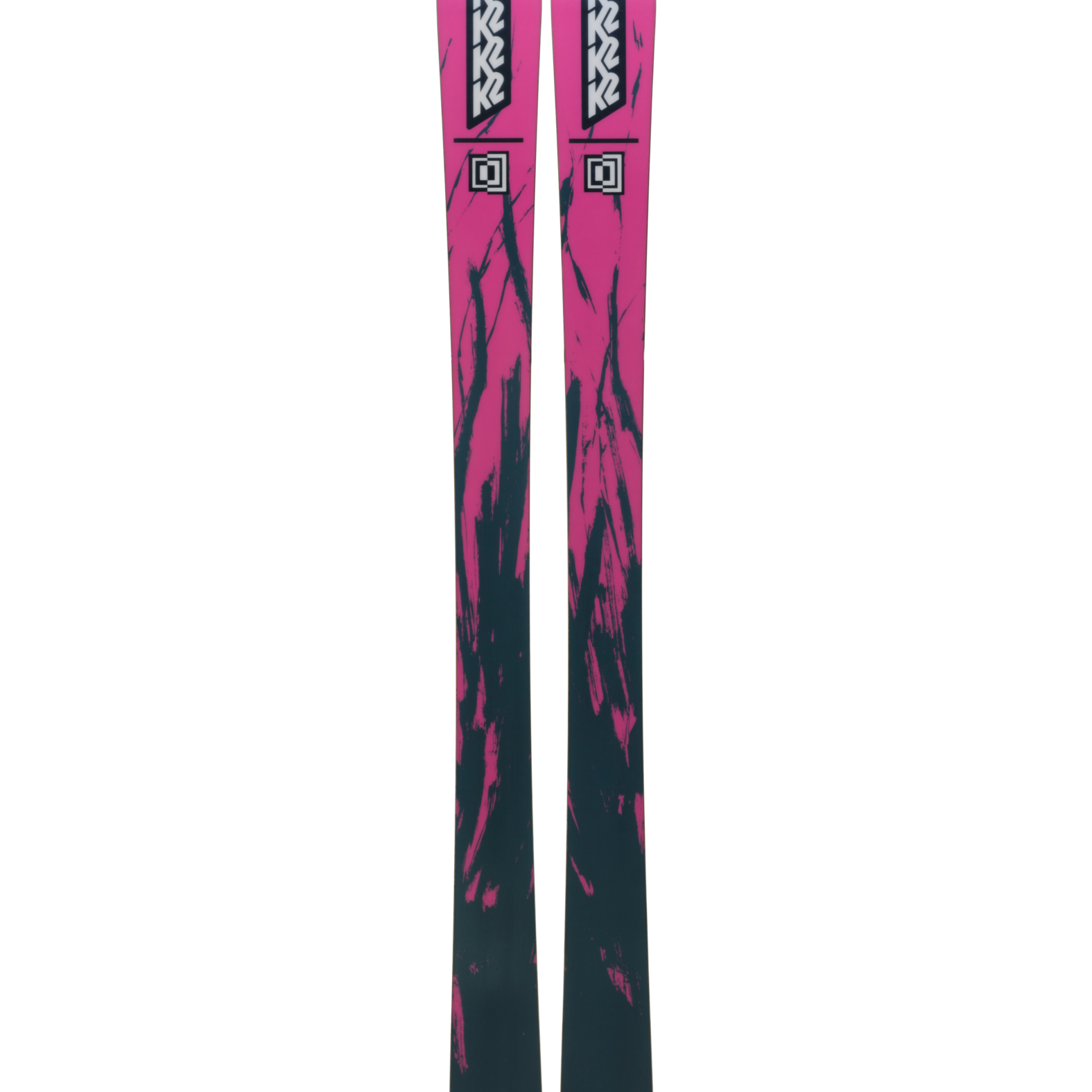 Pair of K2 Mindbender 96 skis, pink tops with black graphic and green highlights