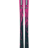 Pair of K2 Mindbender 96 skis, pink tops with black graphic and green highlights