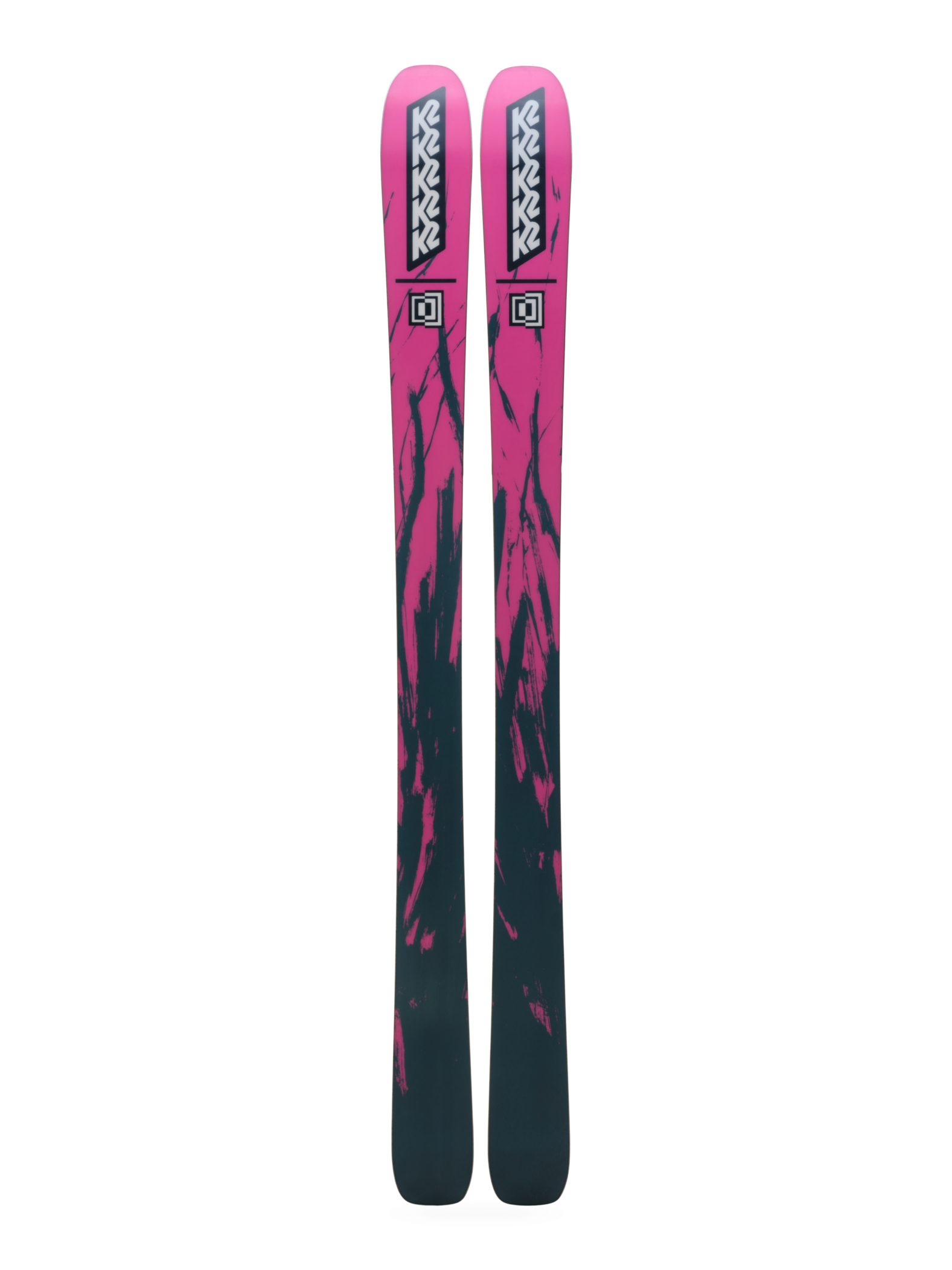 Pair of K2 Mindbender 96 skis, pink tops with black graphic and green highlights