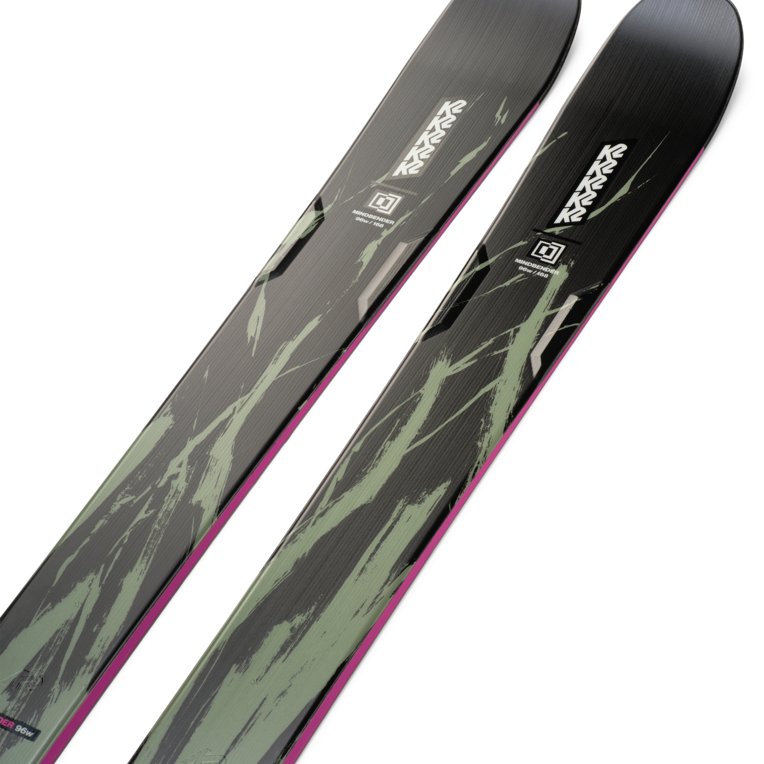K2 Mindbender 96 skis, gray-green camo tops with subtle pink trim