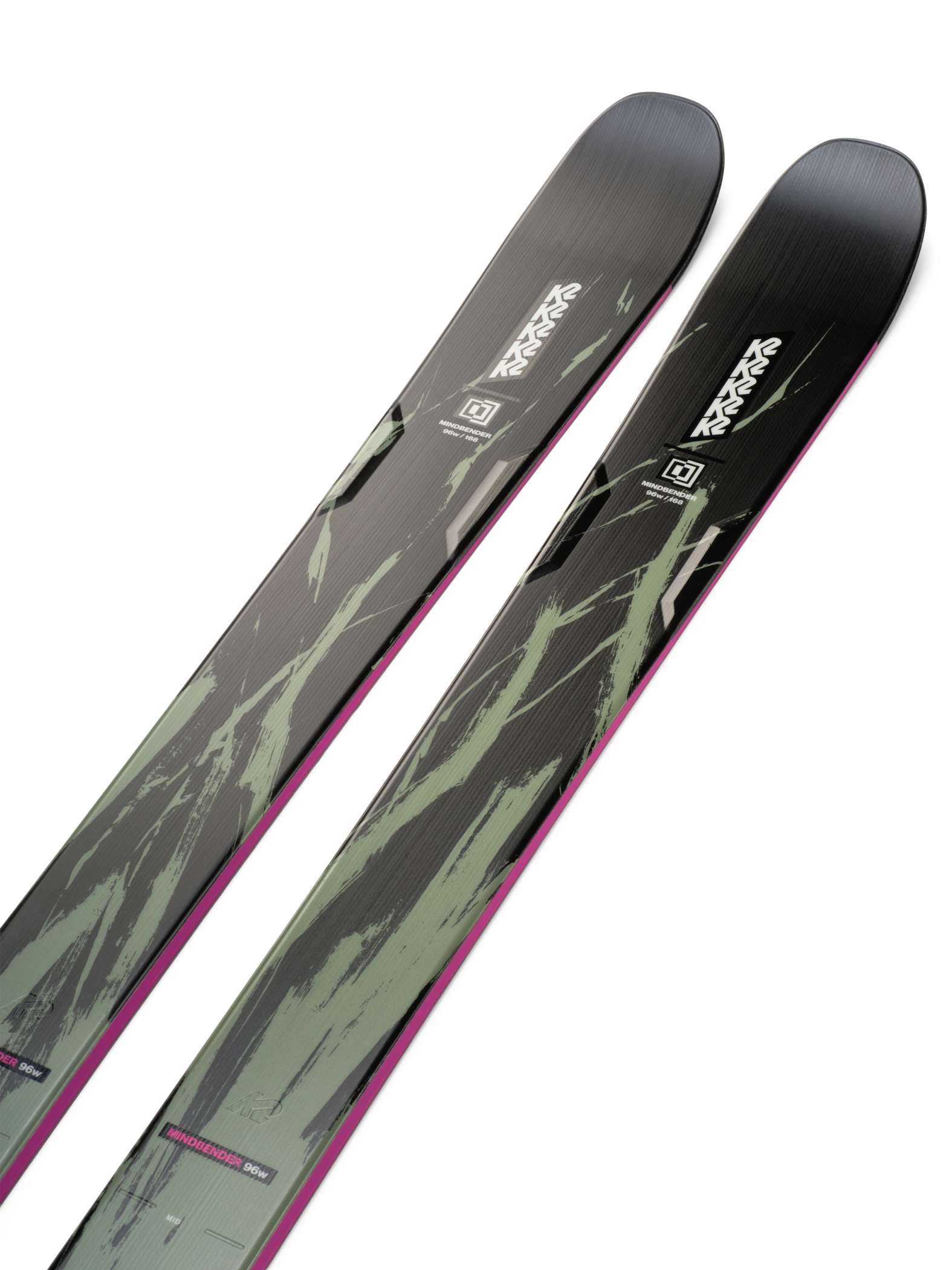 K2 Mindbender 96 skis, gray-green camo tops with subtle pink trim