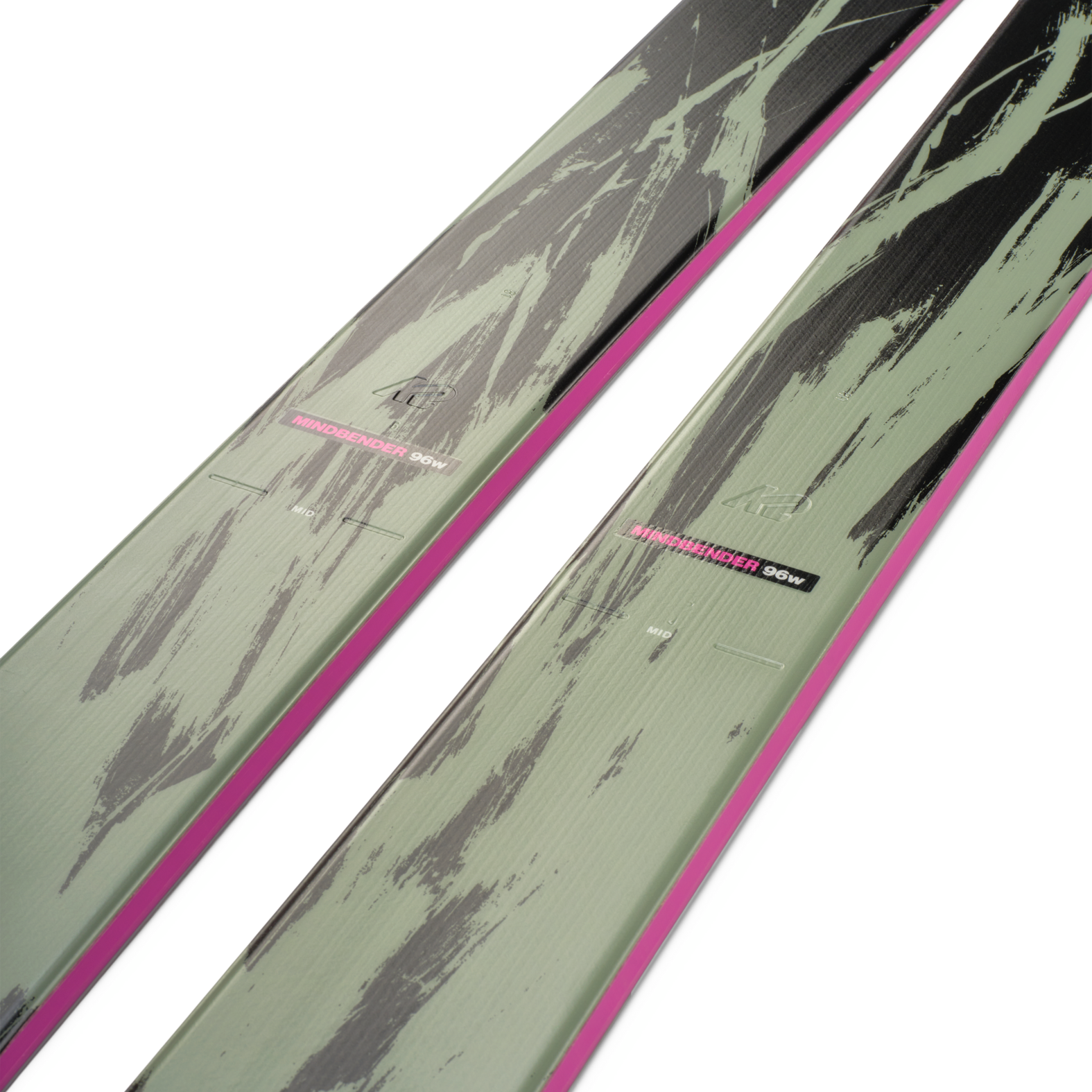 K2 Mindbender 96 skis, camo gray tops with pink sidewall stripe