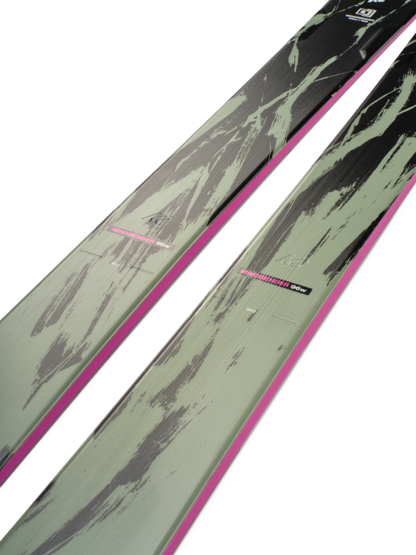 K2 Mindbender 96 skis, camo gray tops with pink sidewall stripe