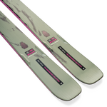 K2 Mindbender 96 skis, light gray-green bases with pink perimeter and markers