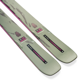 K2 Mindbender 96 skis, light gray-green bases with pink perimeter and markers