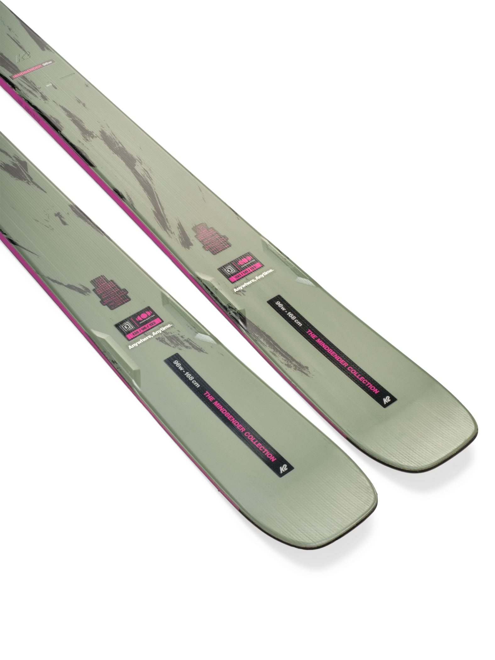 K2 Mindbender 96 skis, light gray-green bases with pink perimeter and markers
