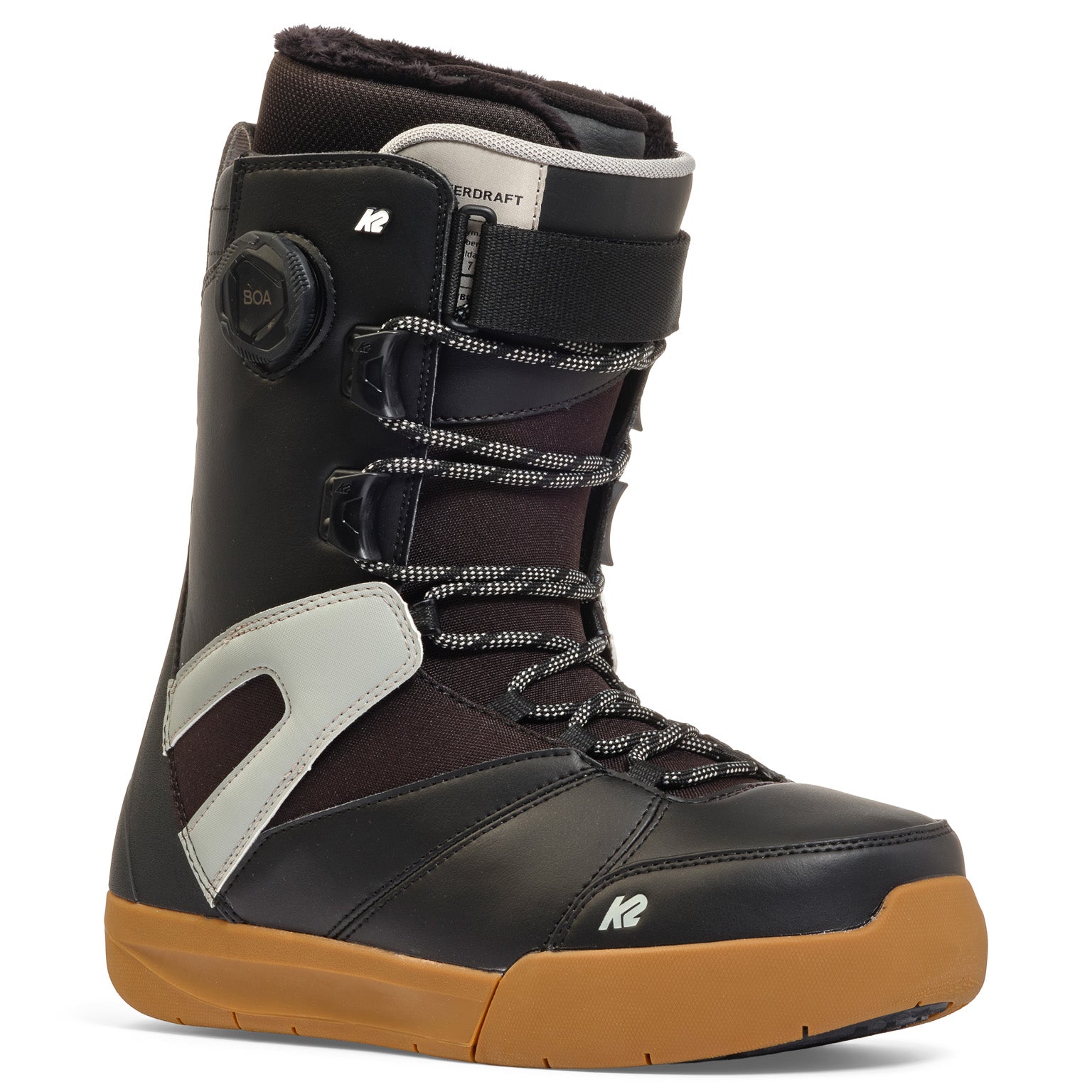 K2 Boundary 2025 snowboard boot features a black and white design with a red sole.