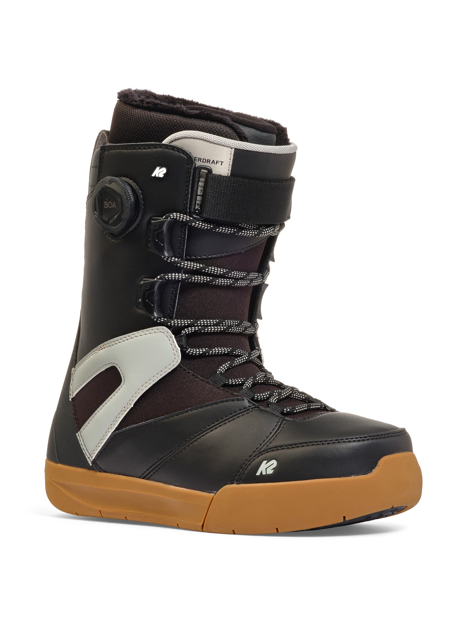 K2 Boundary 2025 snowboard boot features a black and white design with a red sole.