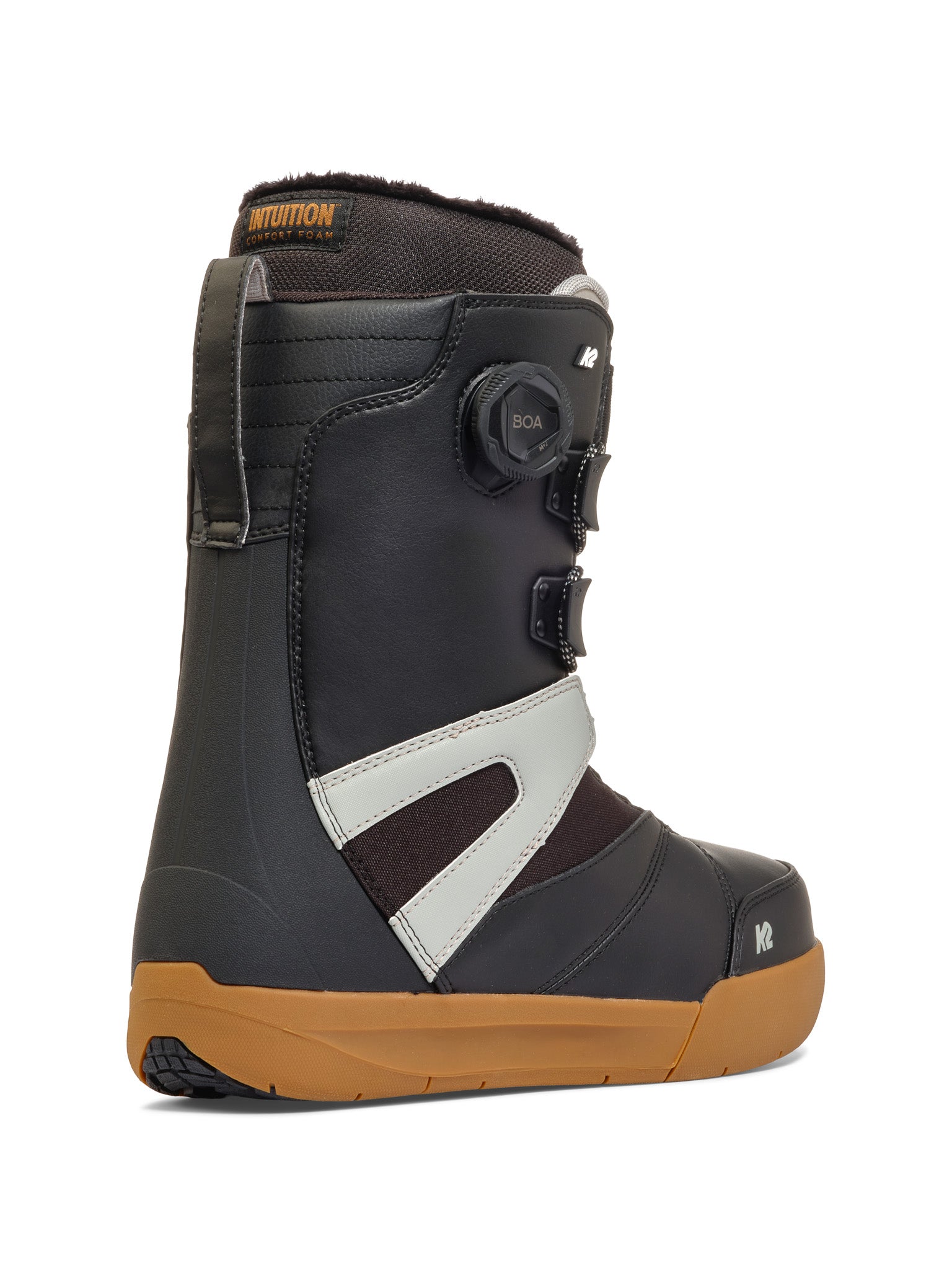 Black K2 Boundary snowboard boot features a white stripe and BOA lacing system.