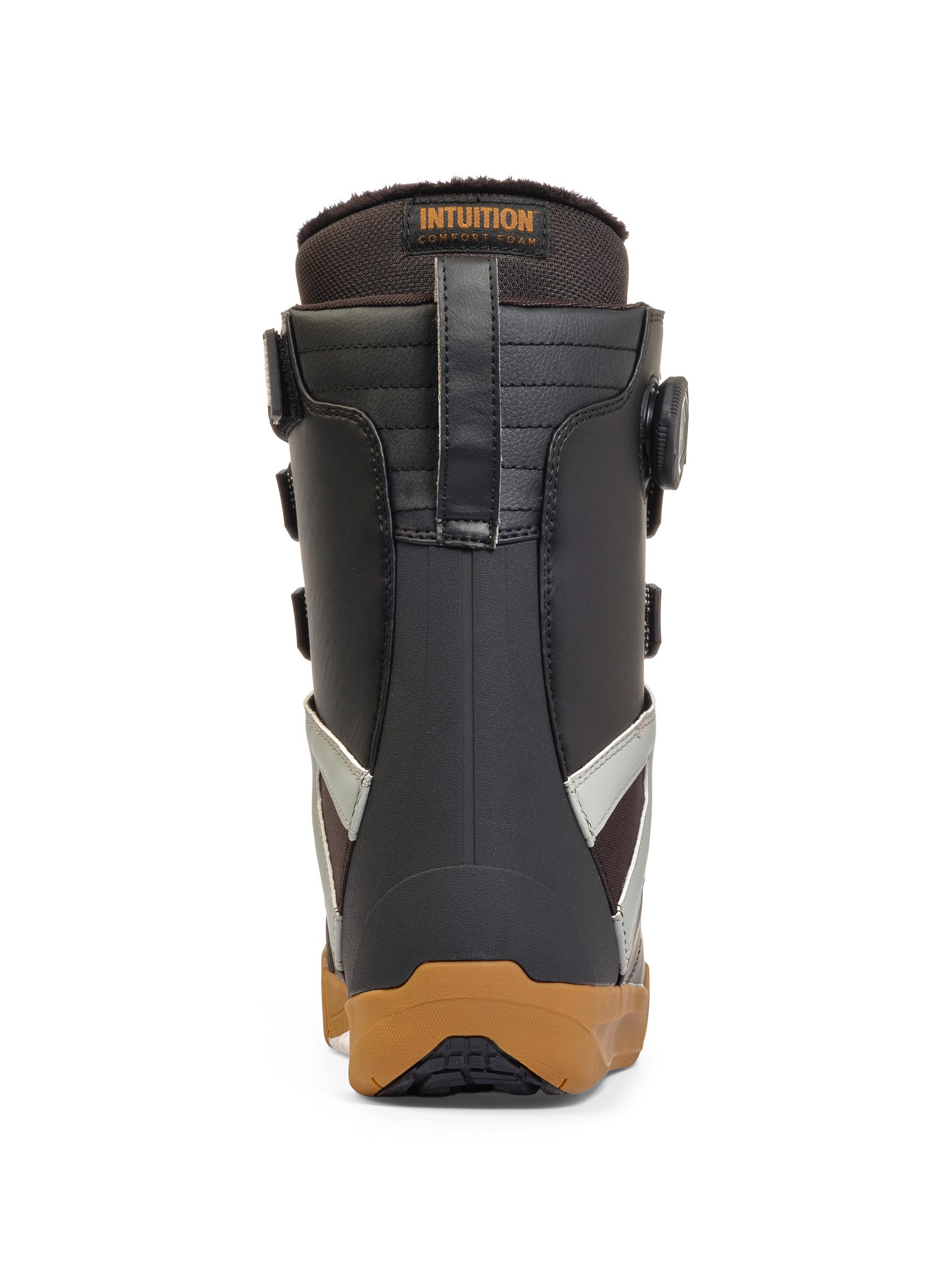 Black and gray K2 Boundary snowboard boot with a brown sole and red accents.