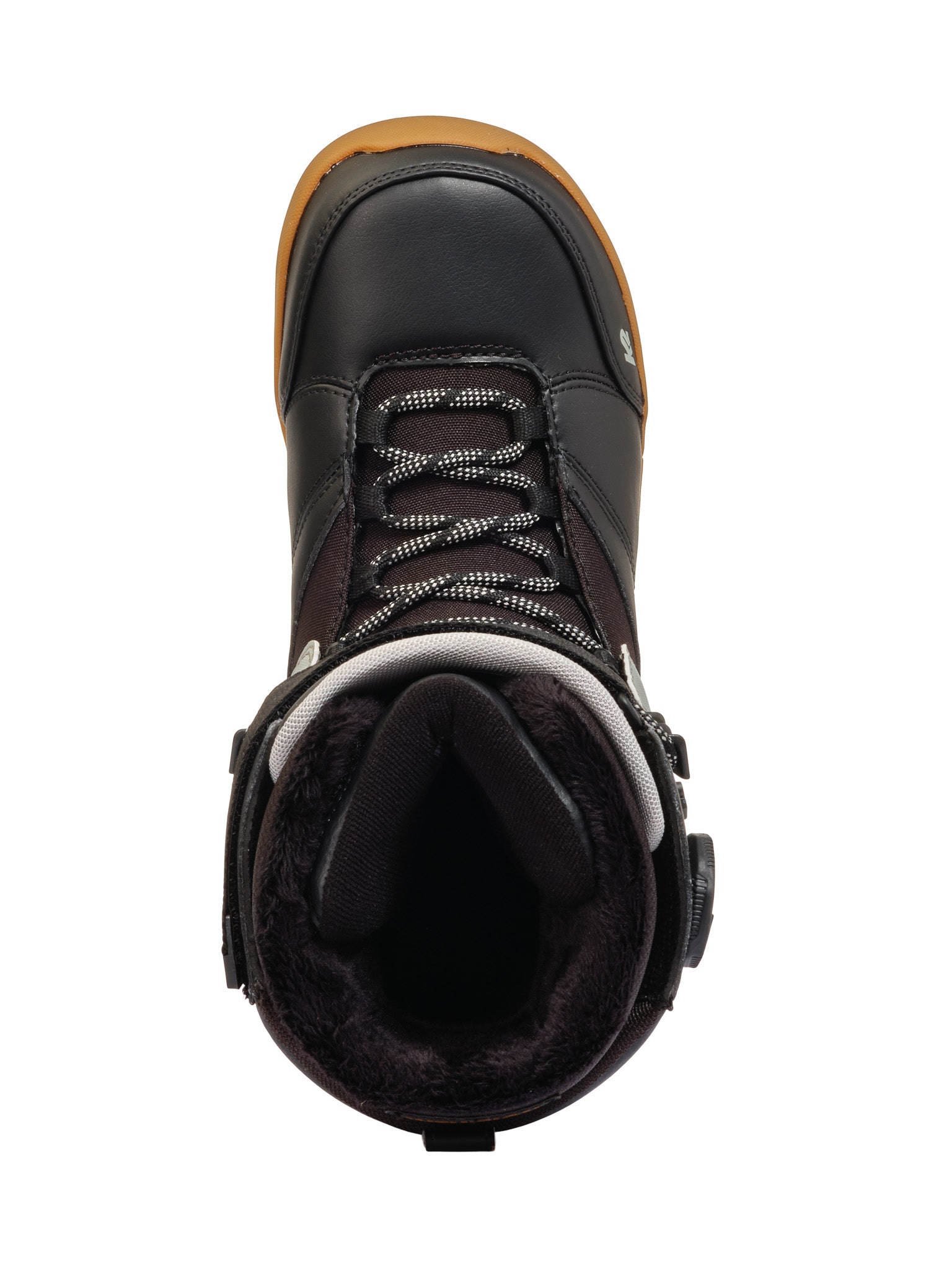 K2 Boundary 2025 snowboard boot features a black upper with a brown sole and silver hardware.