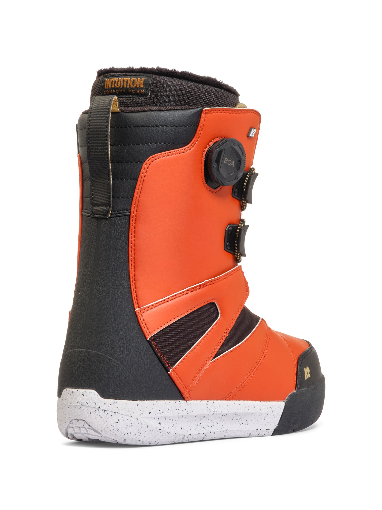 K2 Boundary snowboard boot features a black and orange color scheme with Boa lacing system.