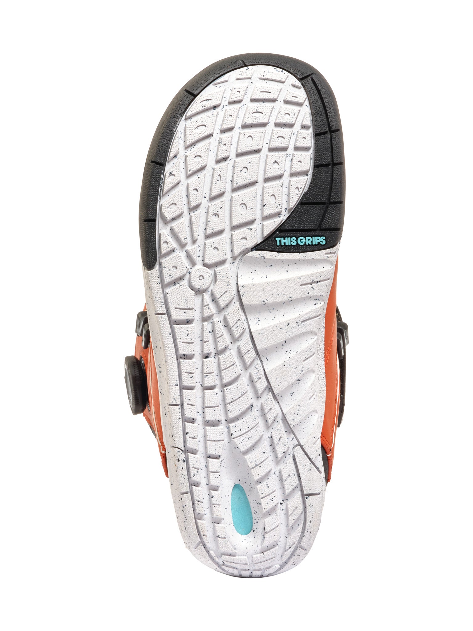 K2 Boundary 2025 snowboard boot sole features a white and orange speckled design with black lugs.