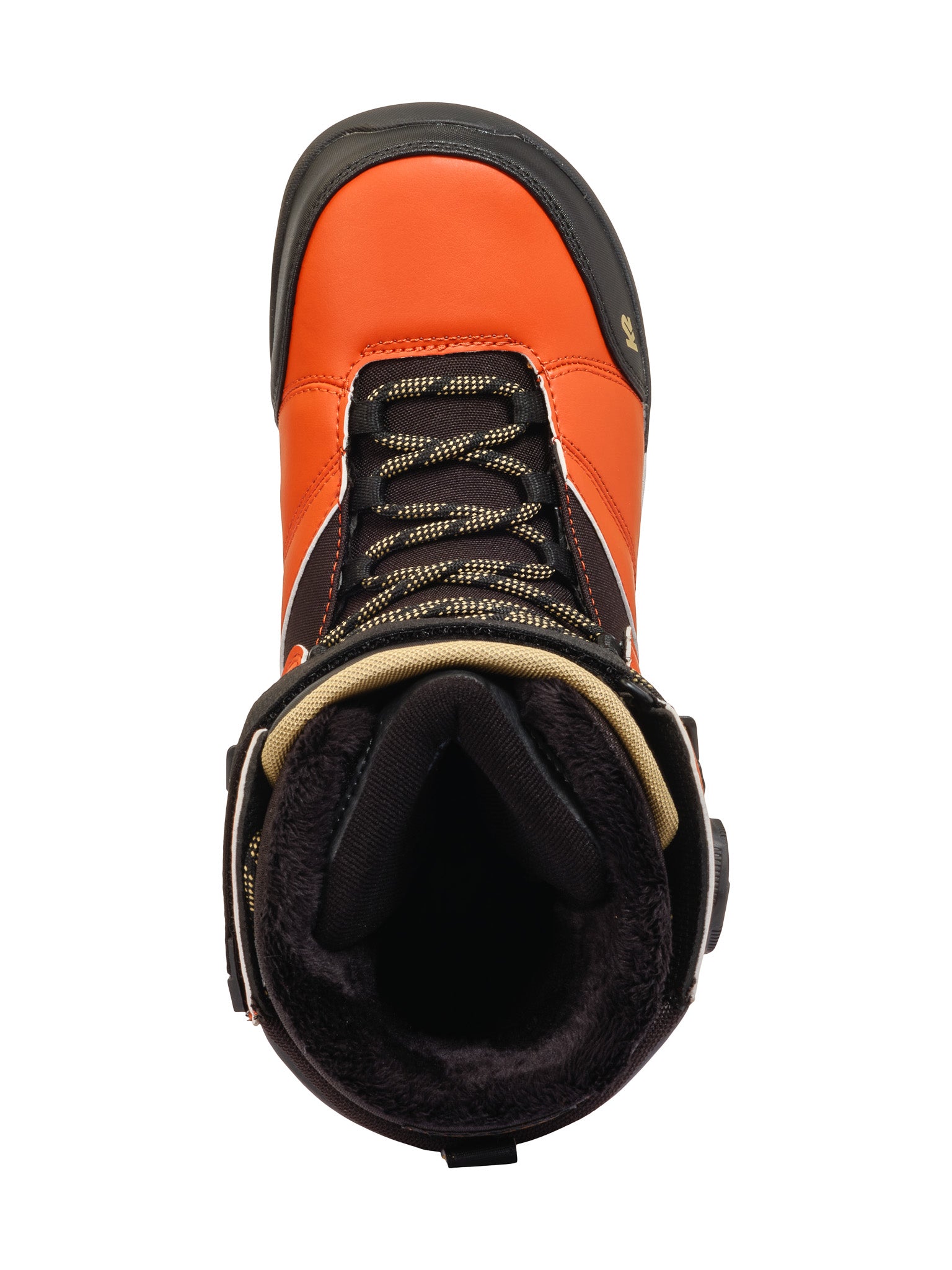 K2 Boundary snowboard boot, featuring a black and orange color scheme with a distinctive design.