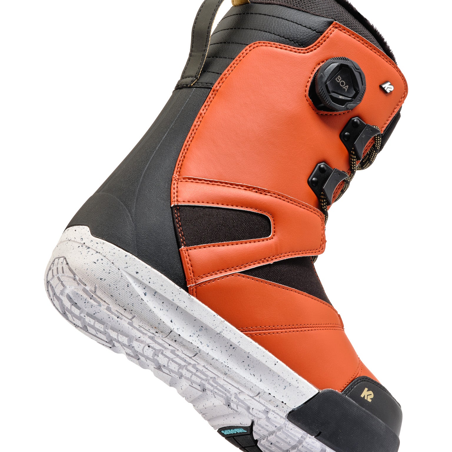 Black and orange K2 Boundary snowboard boot features a BOA lacing system and textured sole.