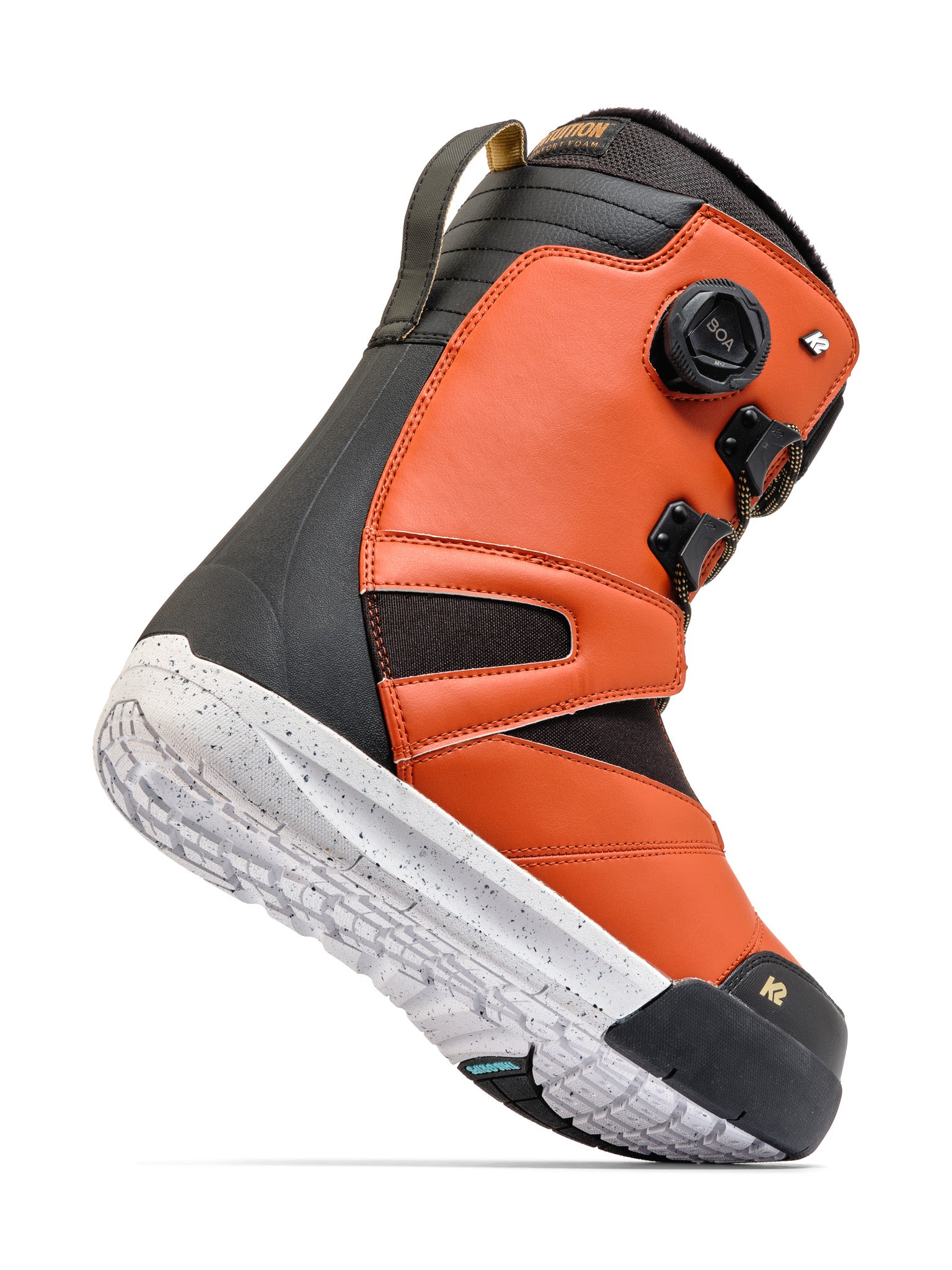 Black and orange K2 Boundary snowboard boot features a BOA lacing system and textured sole.