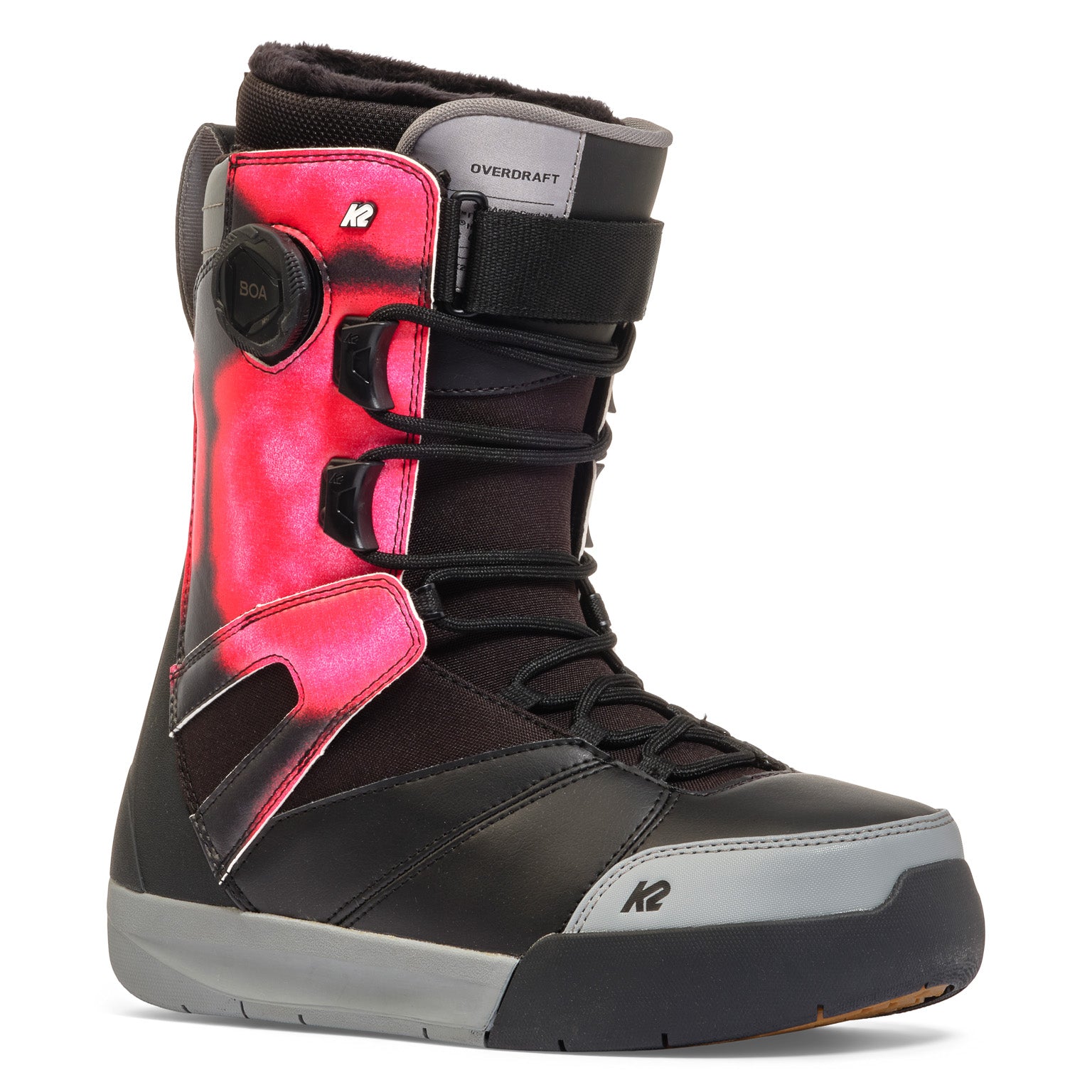 K2 Boundary snowboard boot features a black and red design with BOA lacing system.