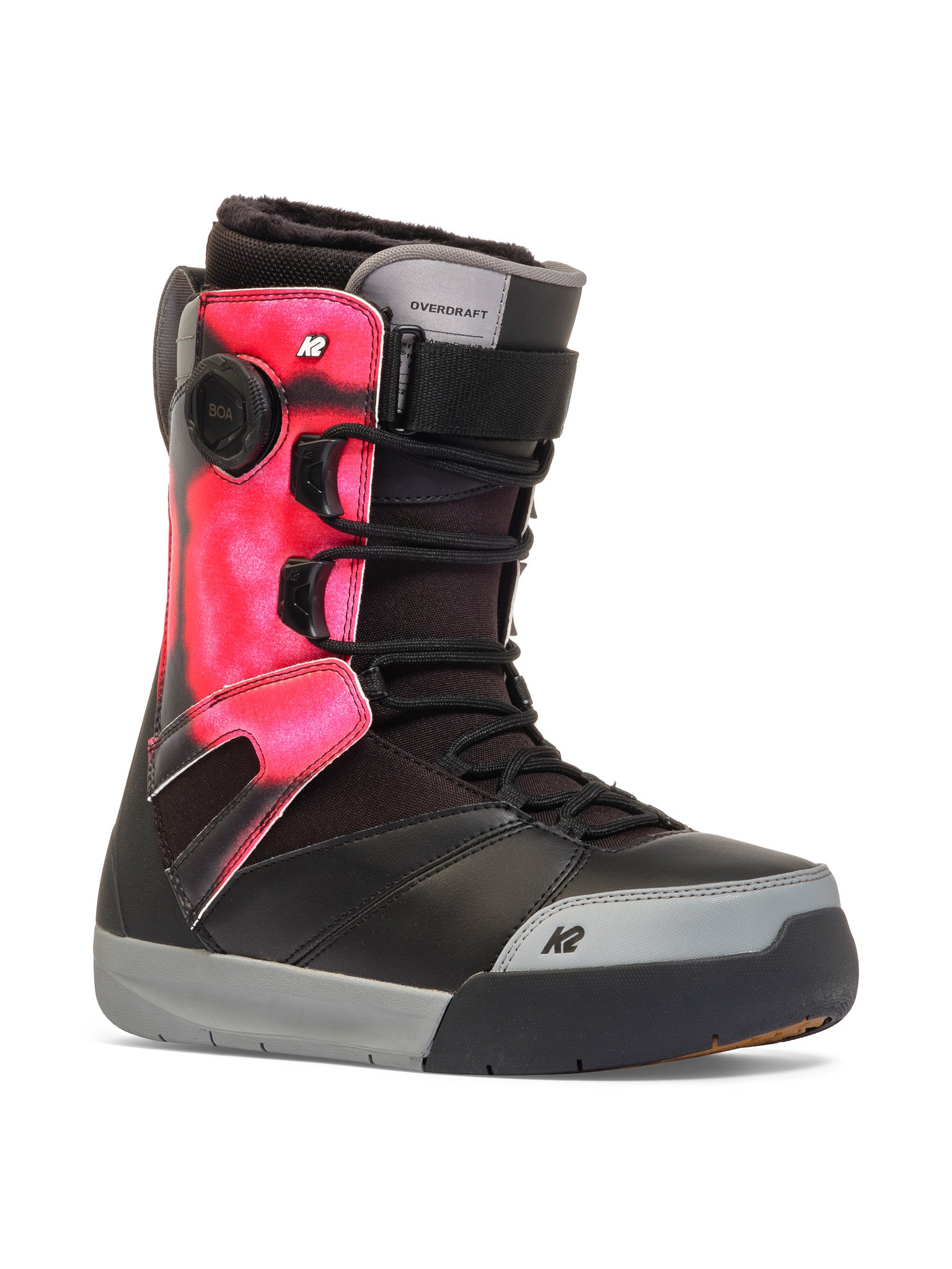 K2 Boundary snowboard boot features a black and red design with BOA lacing system.