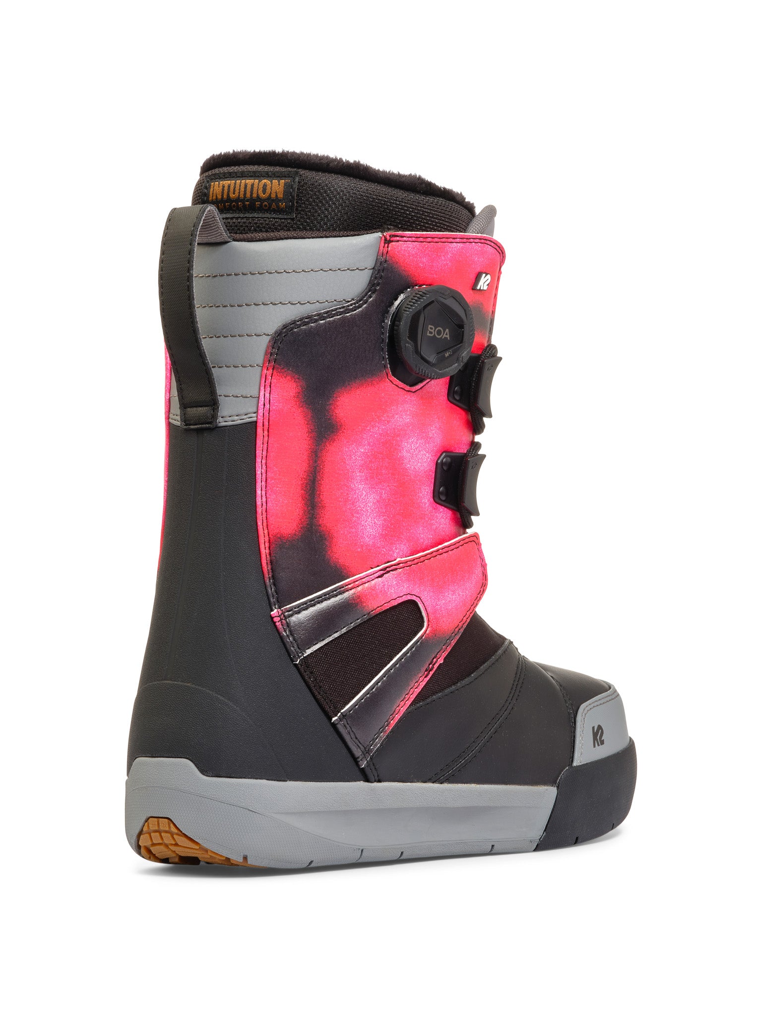 K2 Boundary snowboard boot features a red and black colorway with BOA lacing system.