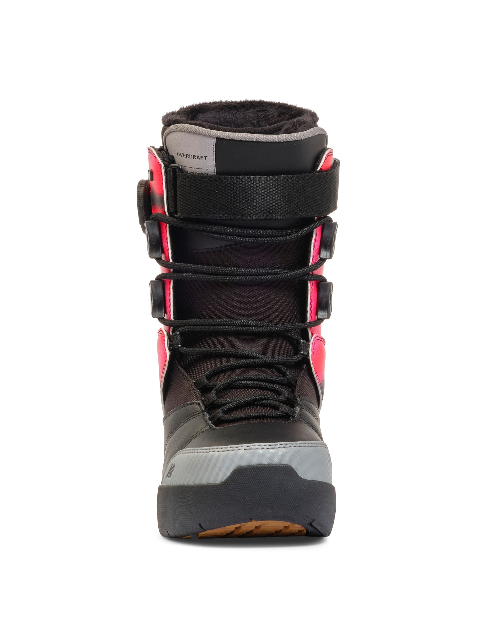 K2 Boundary 2025 snowboard boot features black, gray, and red accents with a lace-up closure.