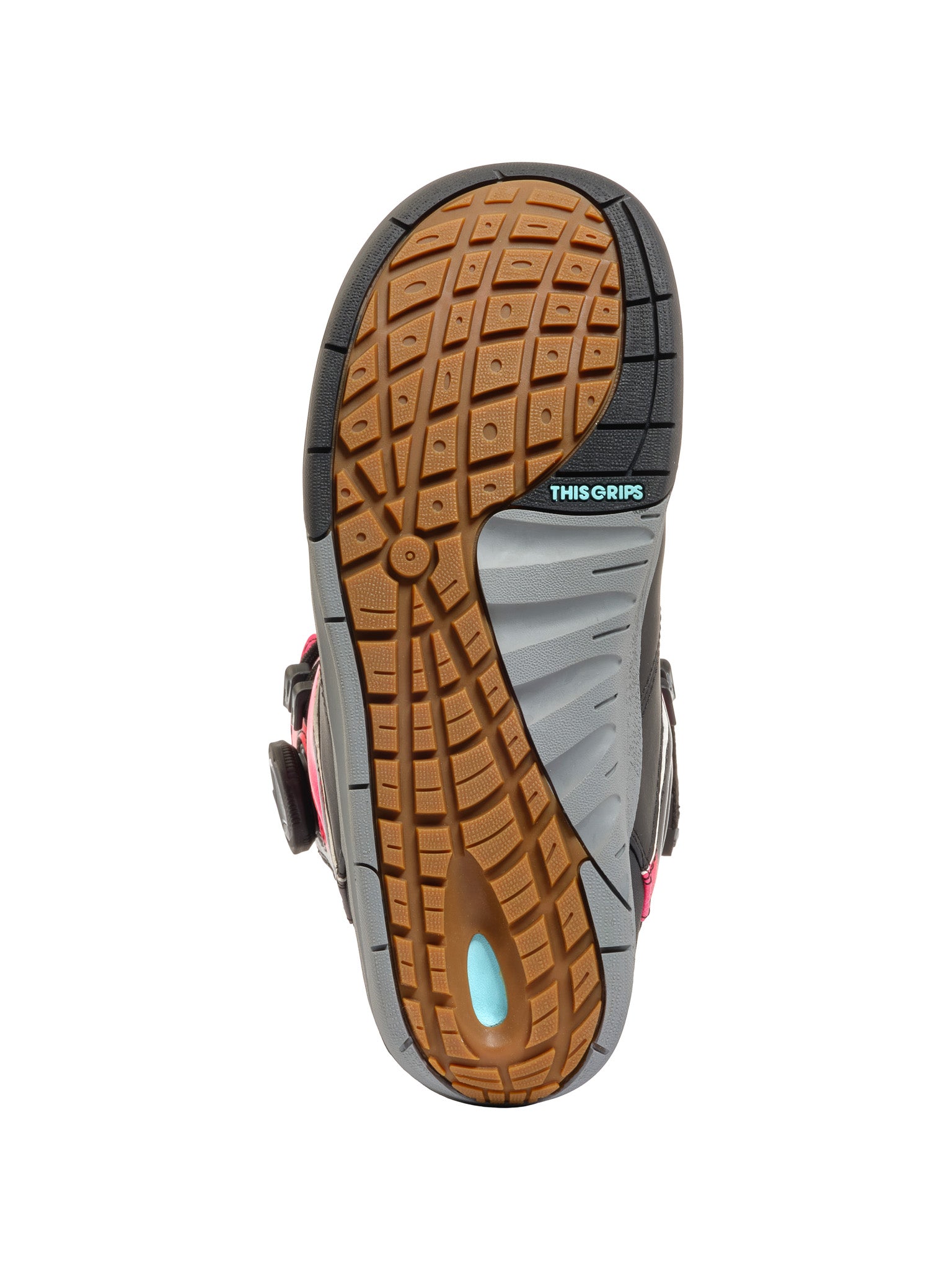 K2 Boundary snowboard boot sole features a purple and gray color scheme with a textured brown tread.