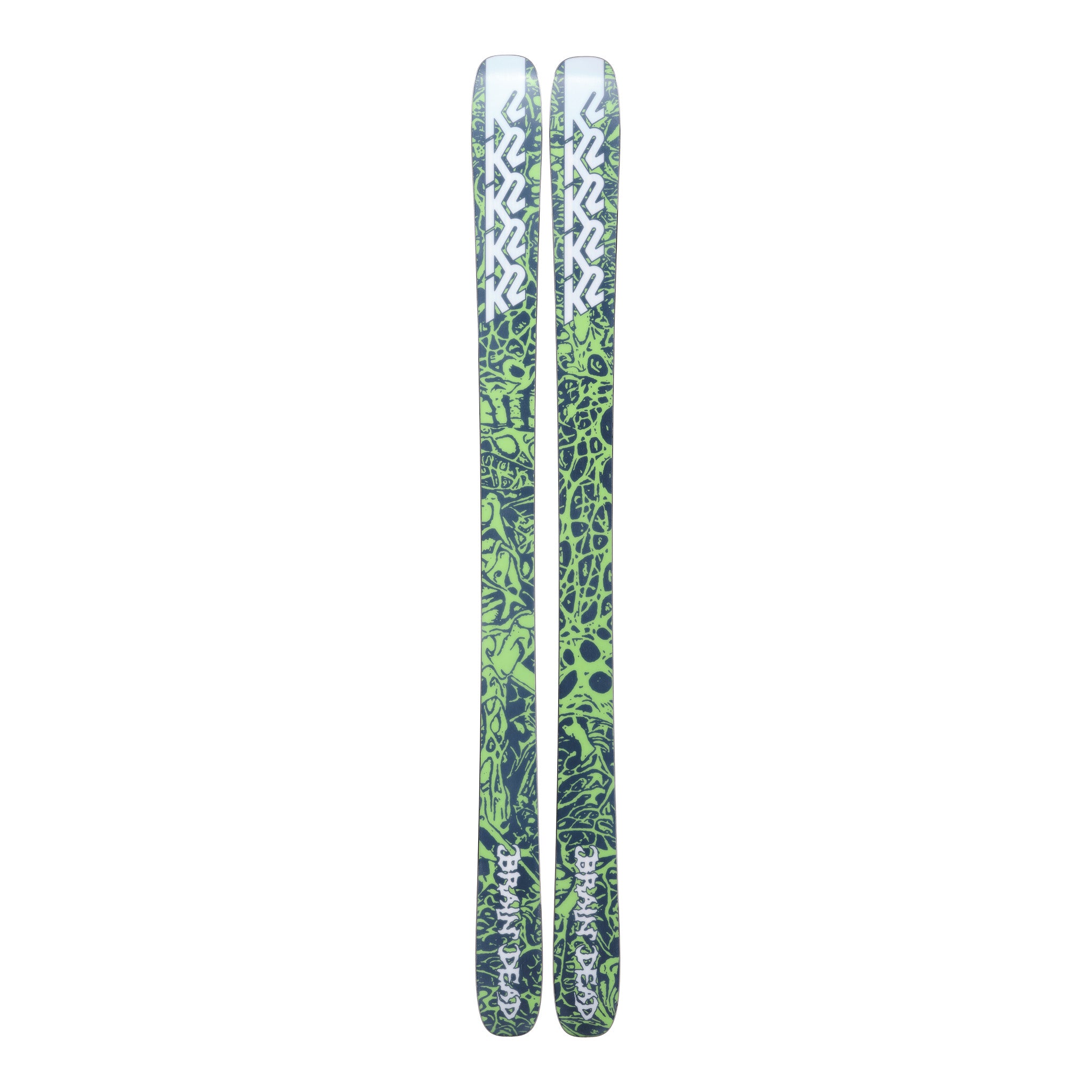 K2 Reckoner 102 skis feature a vibrant green and black floral design.