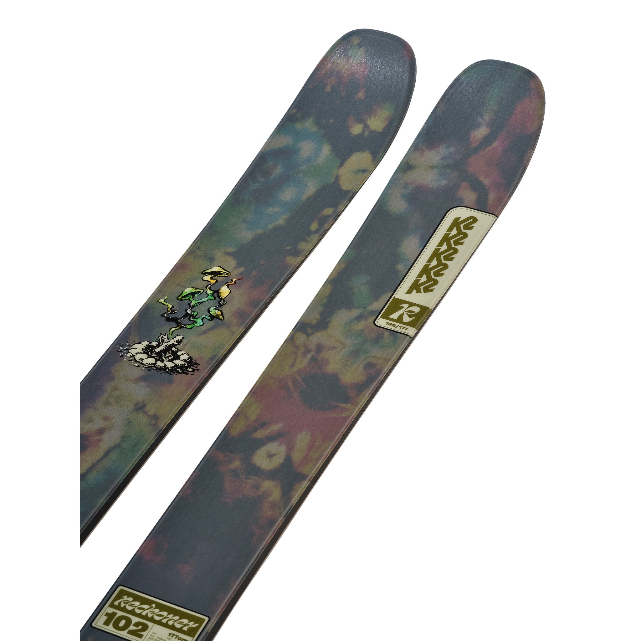 K2 Reckoner 102 skis feature a vibrant green and purple graphic design.