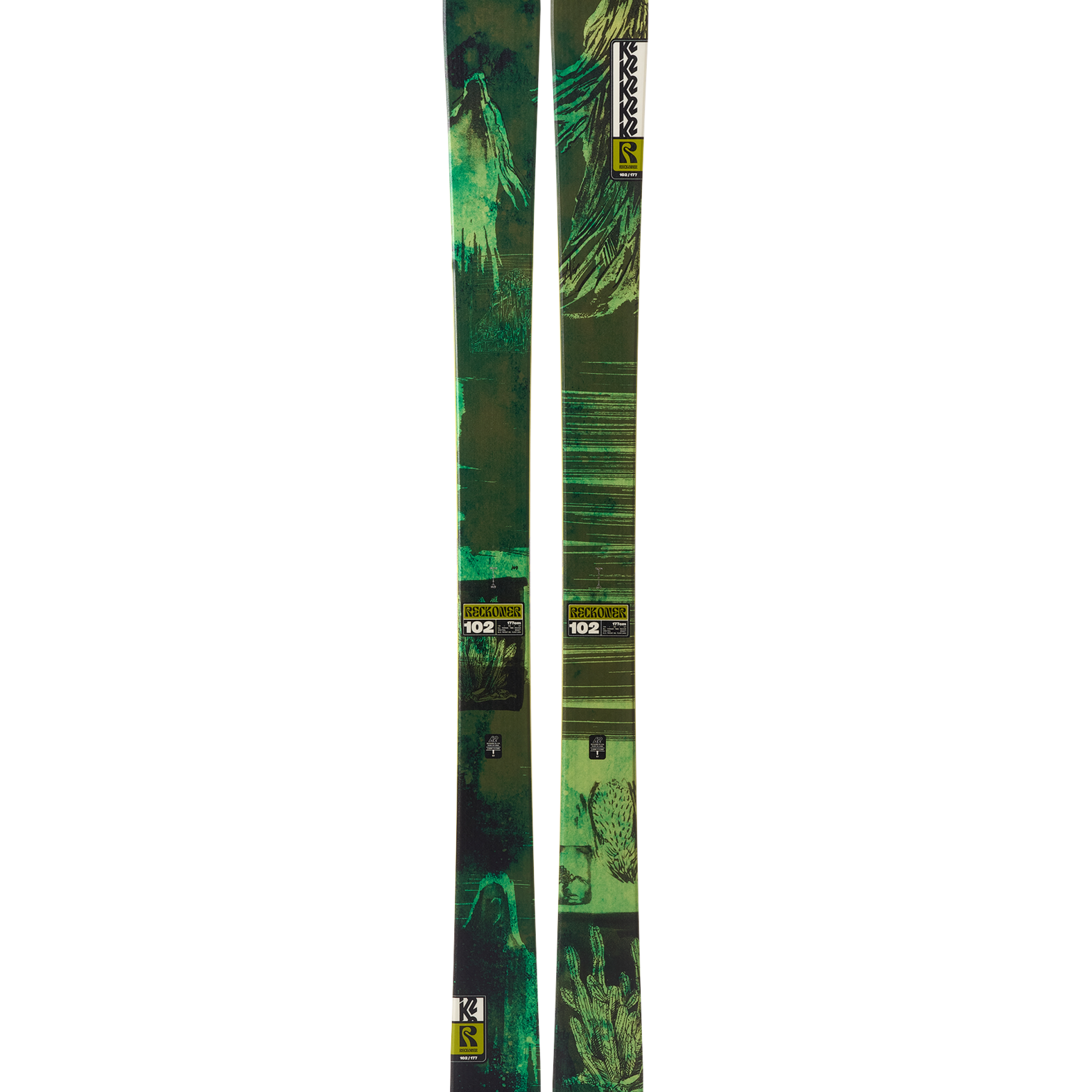 Green K2 skis, front view showing centered '102' badges and camo stripes