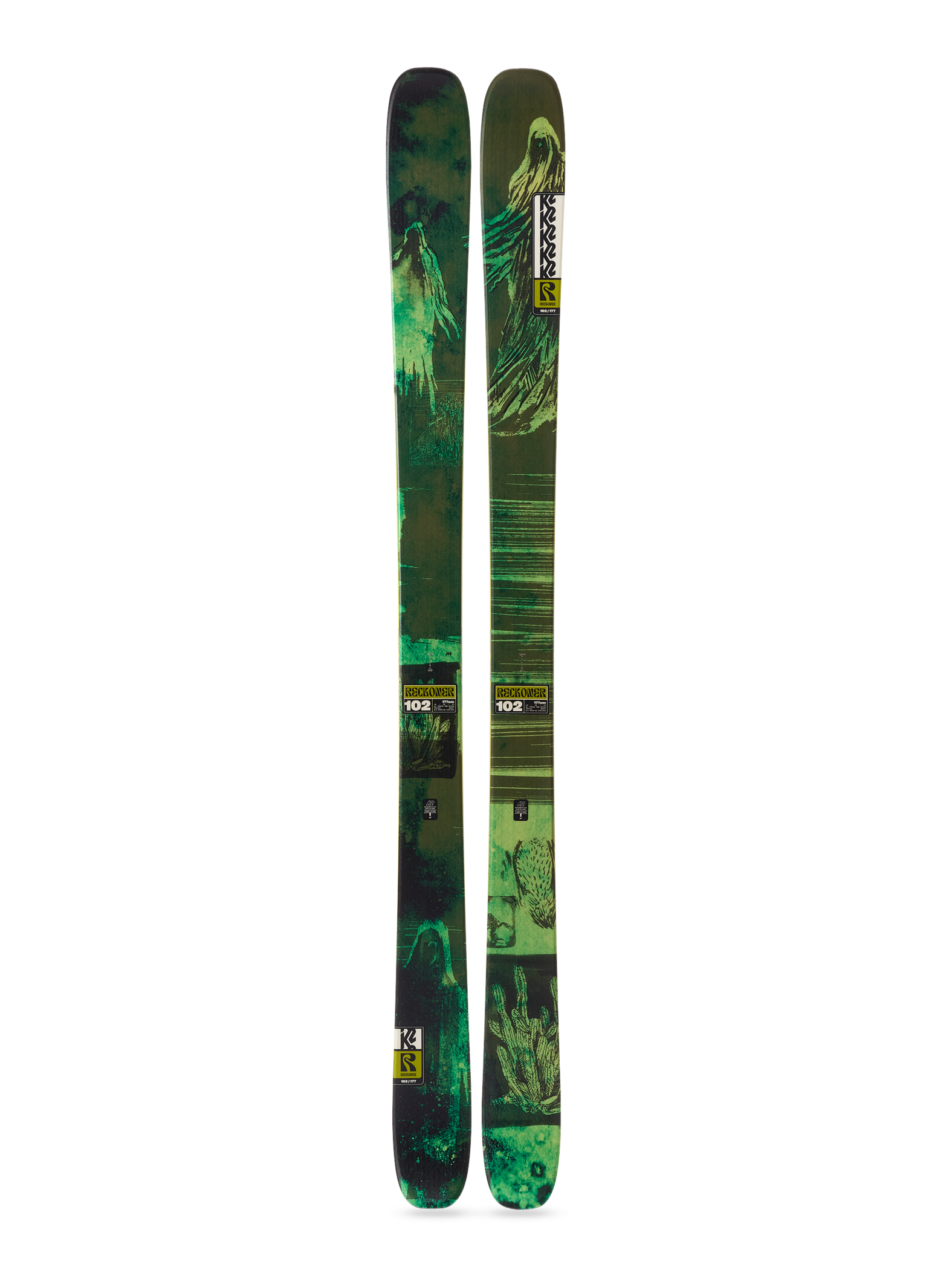 Green K2 skis, front view showing centered '102' badges and camo stripes