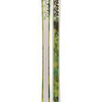 Pair of green K2 graphic skis standing upright, side view