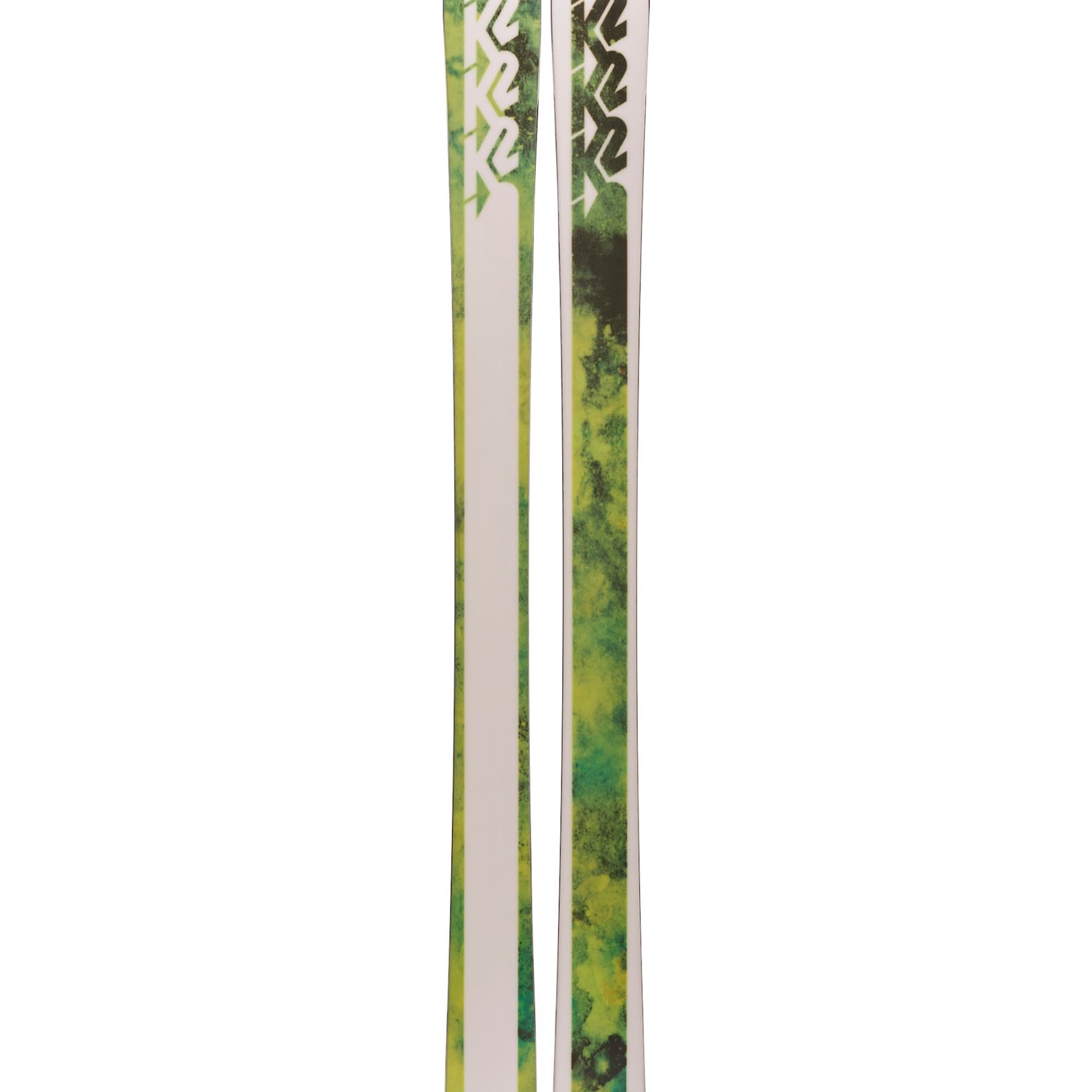 Pair of green K2 graphic skis standing upright, side view