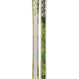 Pair of green K2 graphic skis standing upright, side view