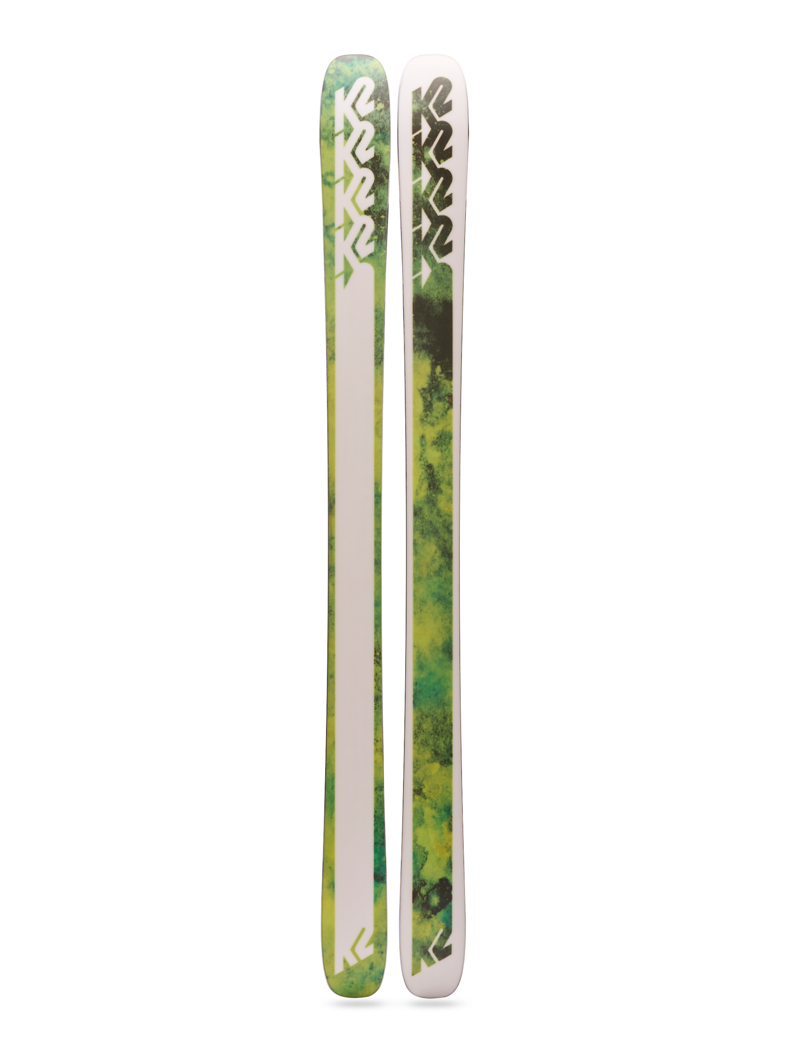 Pair of green K2 graphic skis standing upright, side view