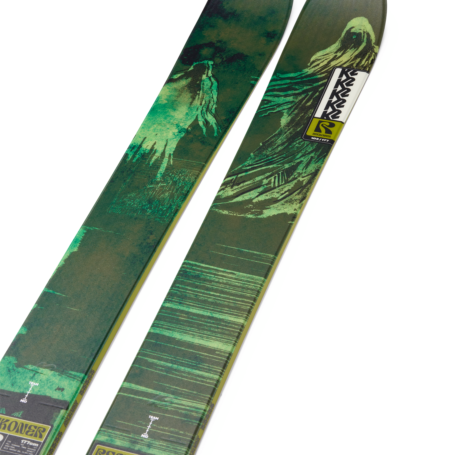K2 Reckoner 102 skis with green forest graphic and '102' markings