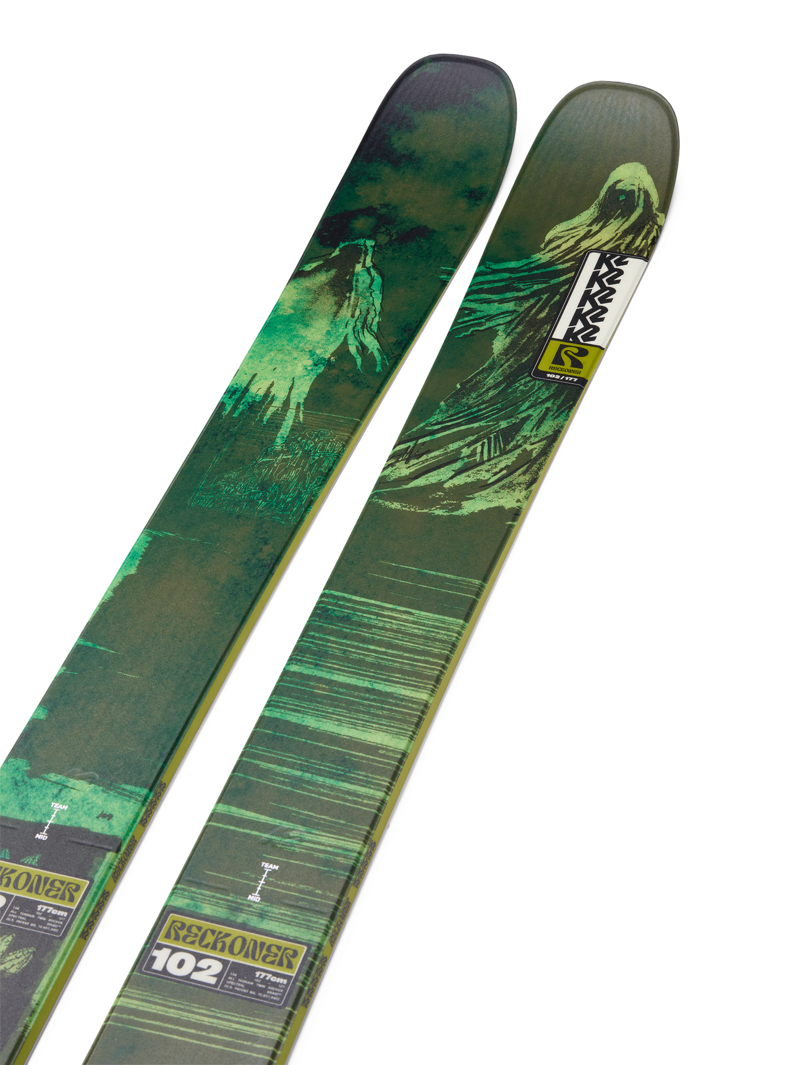 K2 Reckoner 102 skis with green forest graphic and '102' markings