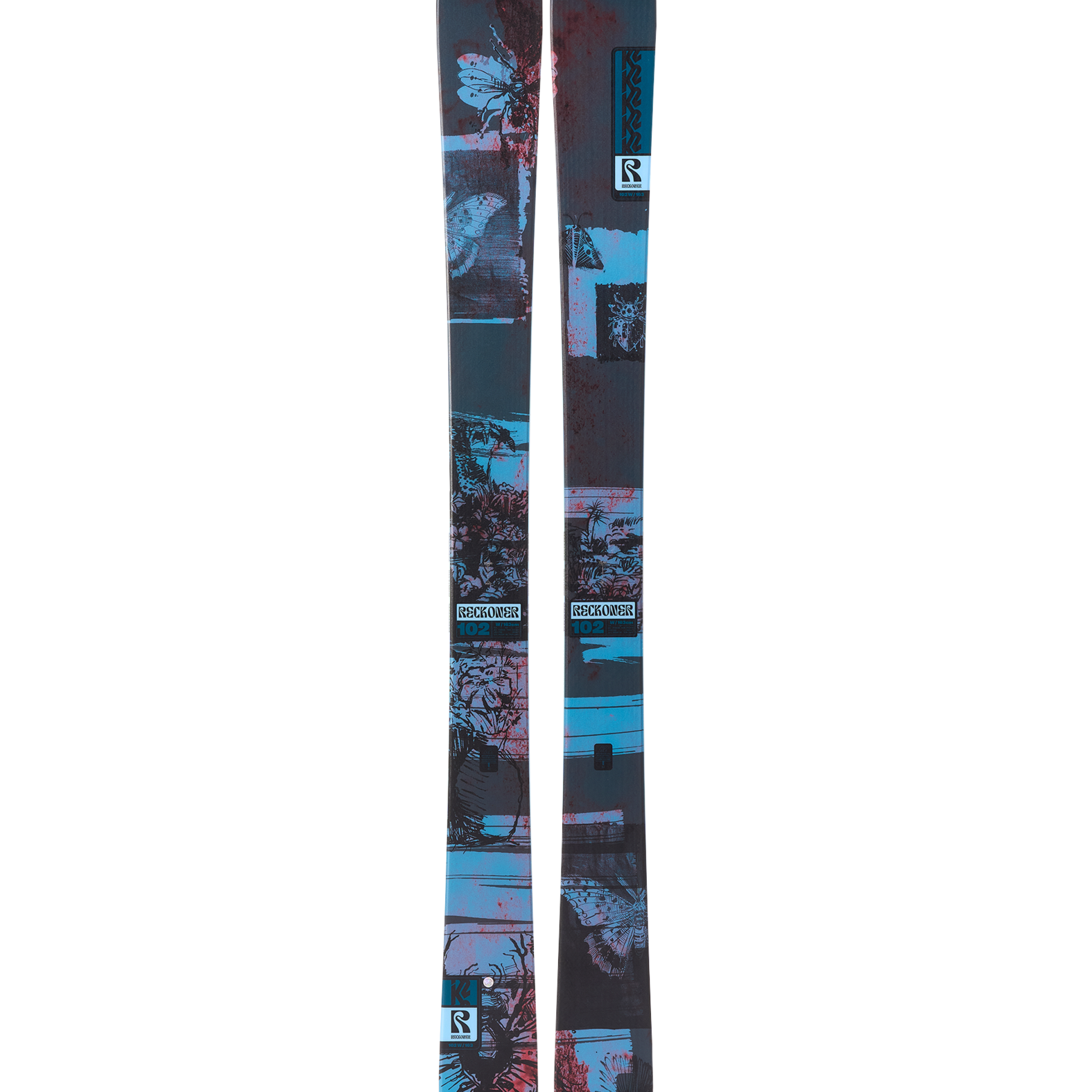Women's blue and black graphic skis, twin tips, front view