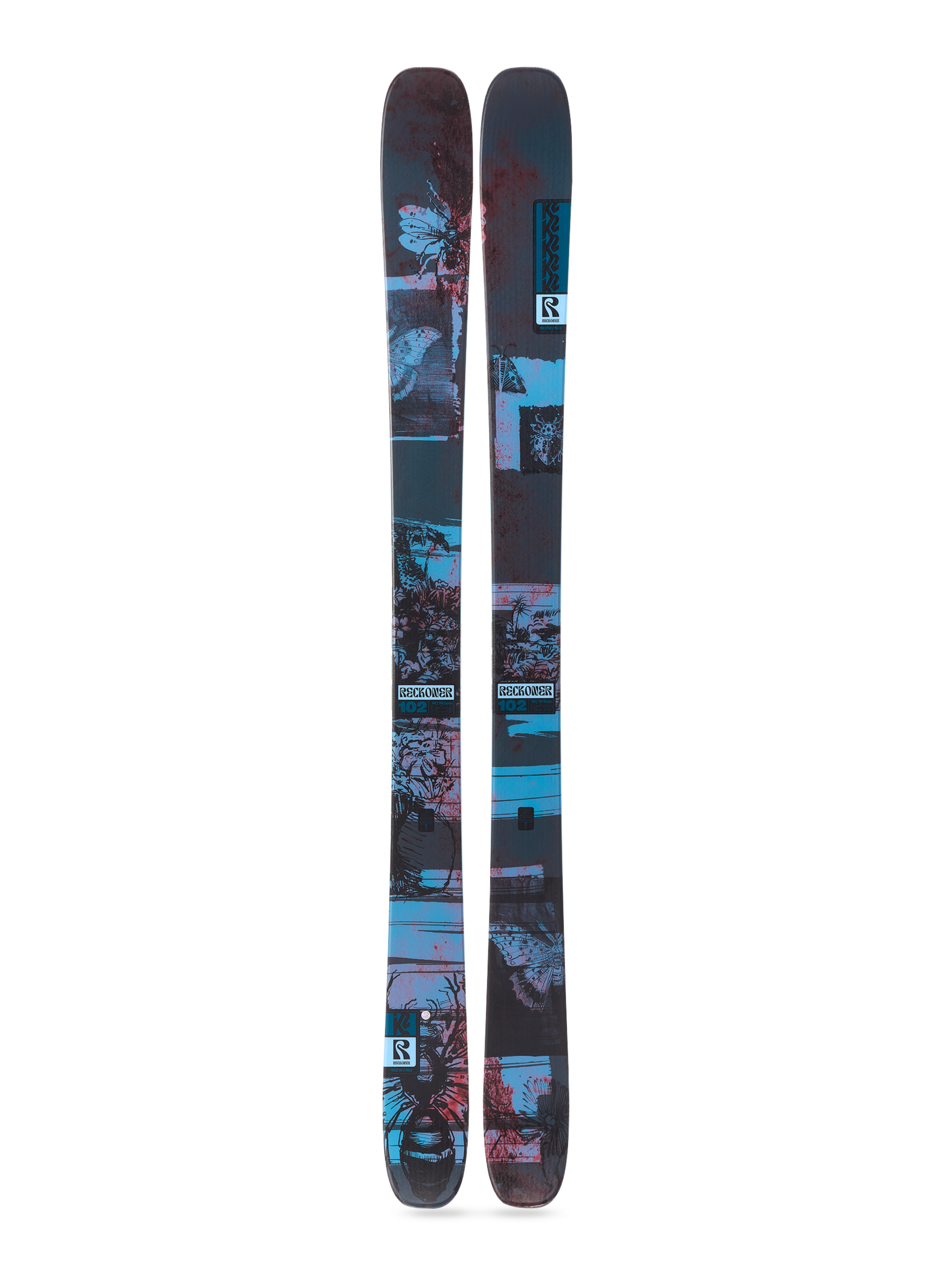 Women's blue and black graphic skis, twin tips, front view