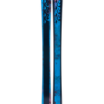 Women's blue twin-tip skis with K2 logos, top view