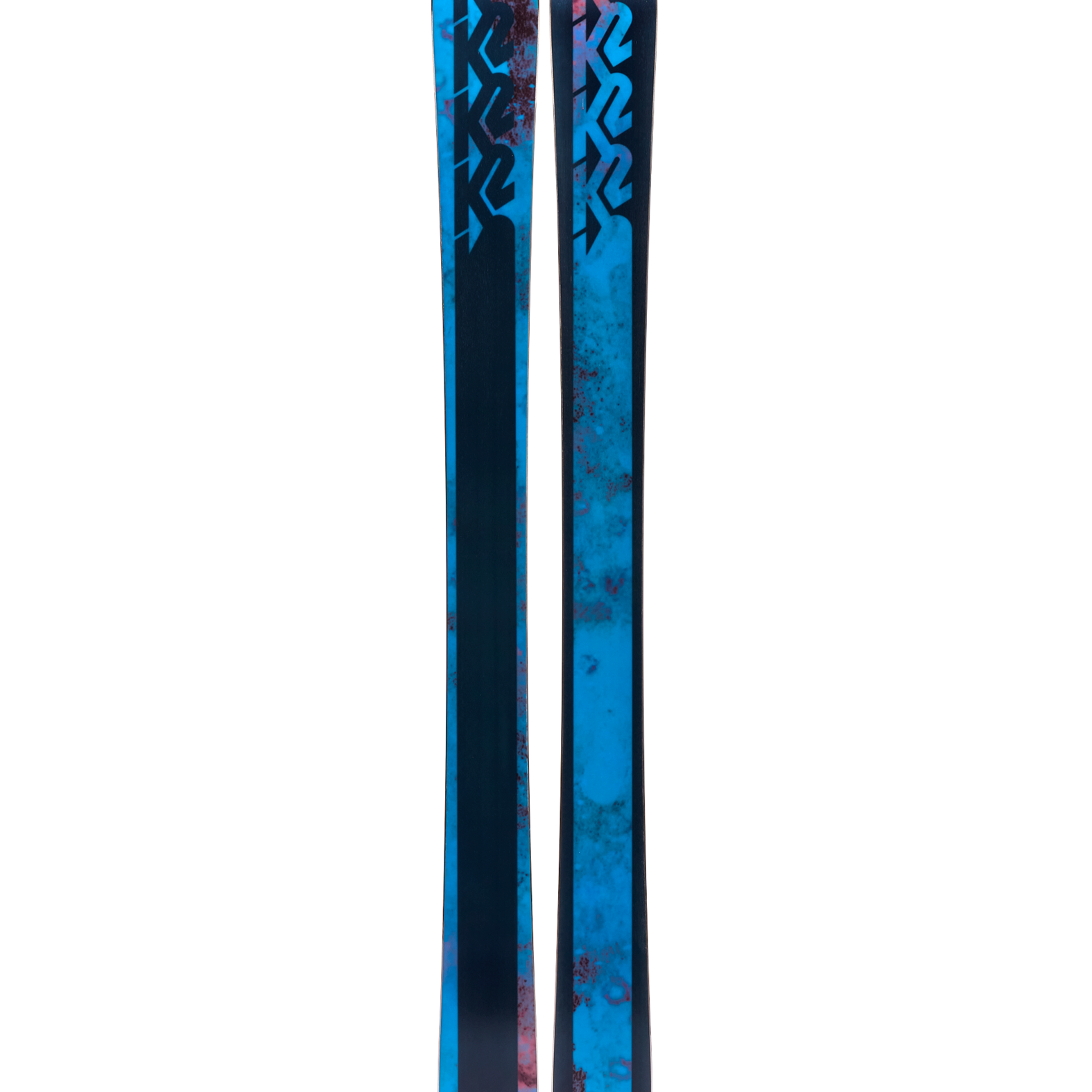 Women's blue twin-tip skis with K2 logos, top view