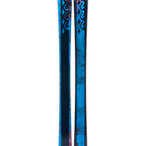 Women's blue twin-tip skis with K2 logos, top view
