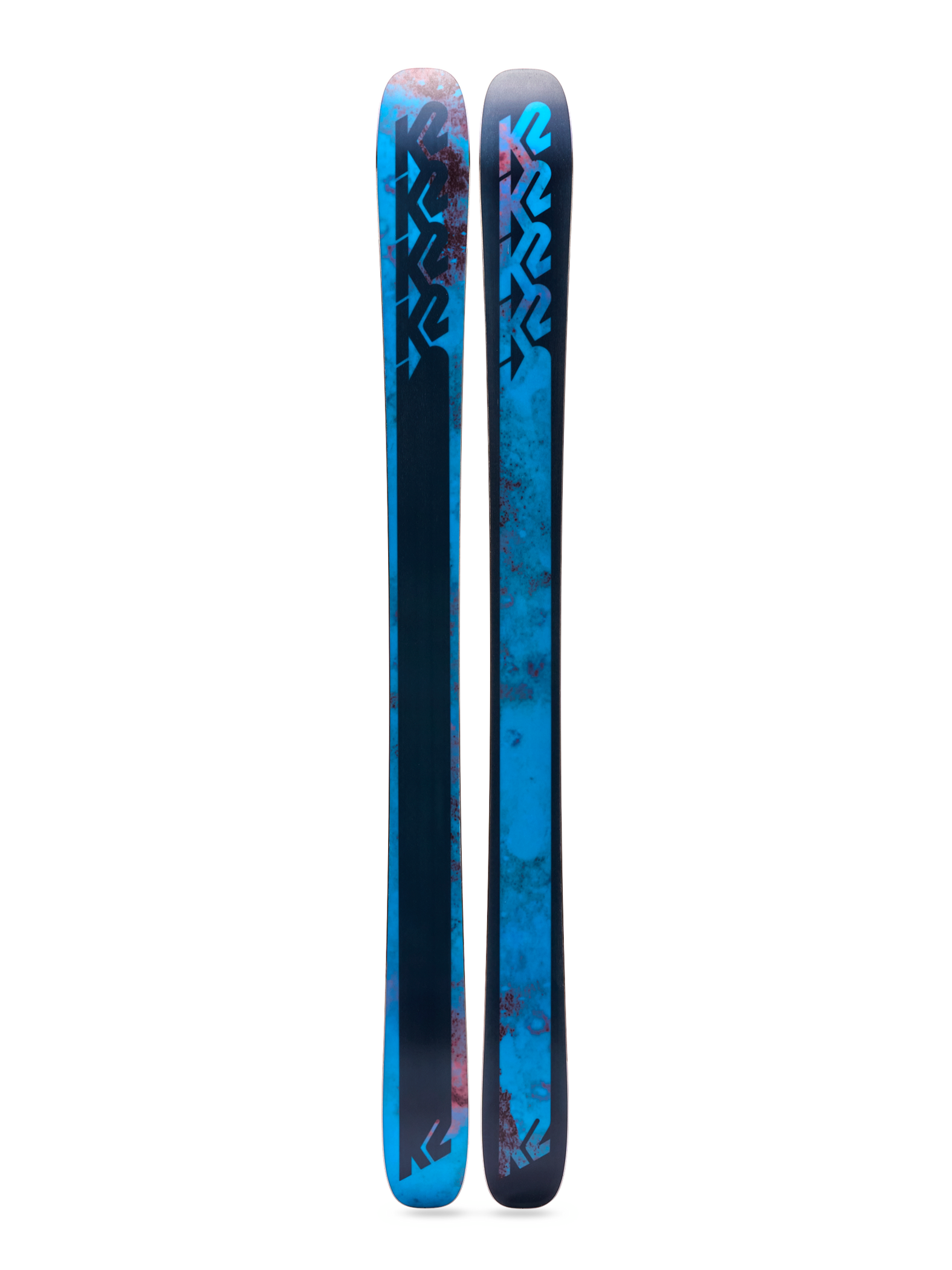 Women's blue twin-tip skis with K2 logos, top view