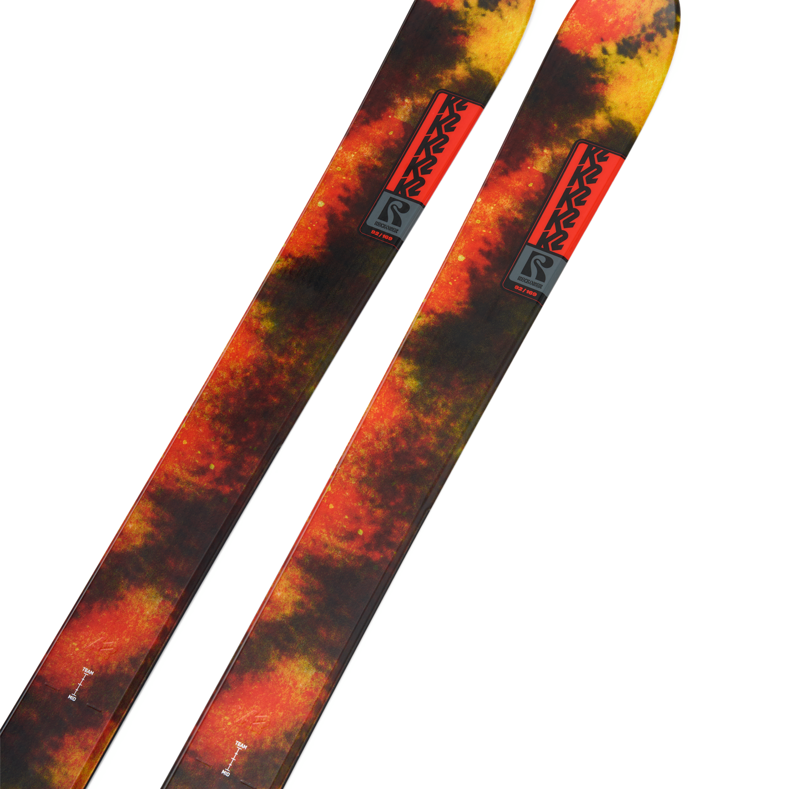K2 Reckoner 92 skis, orange-yellow graphic, angled side view.